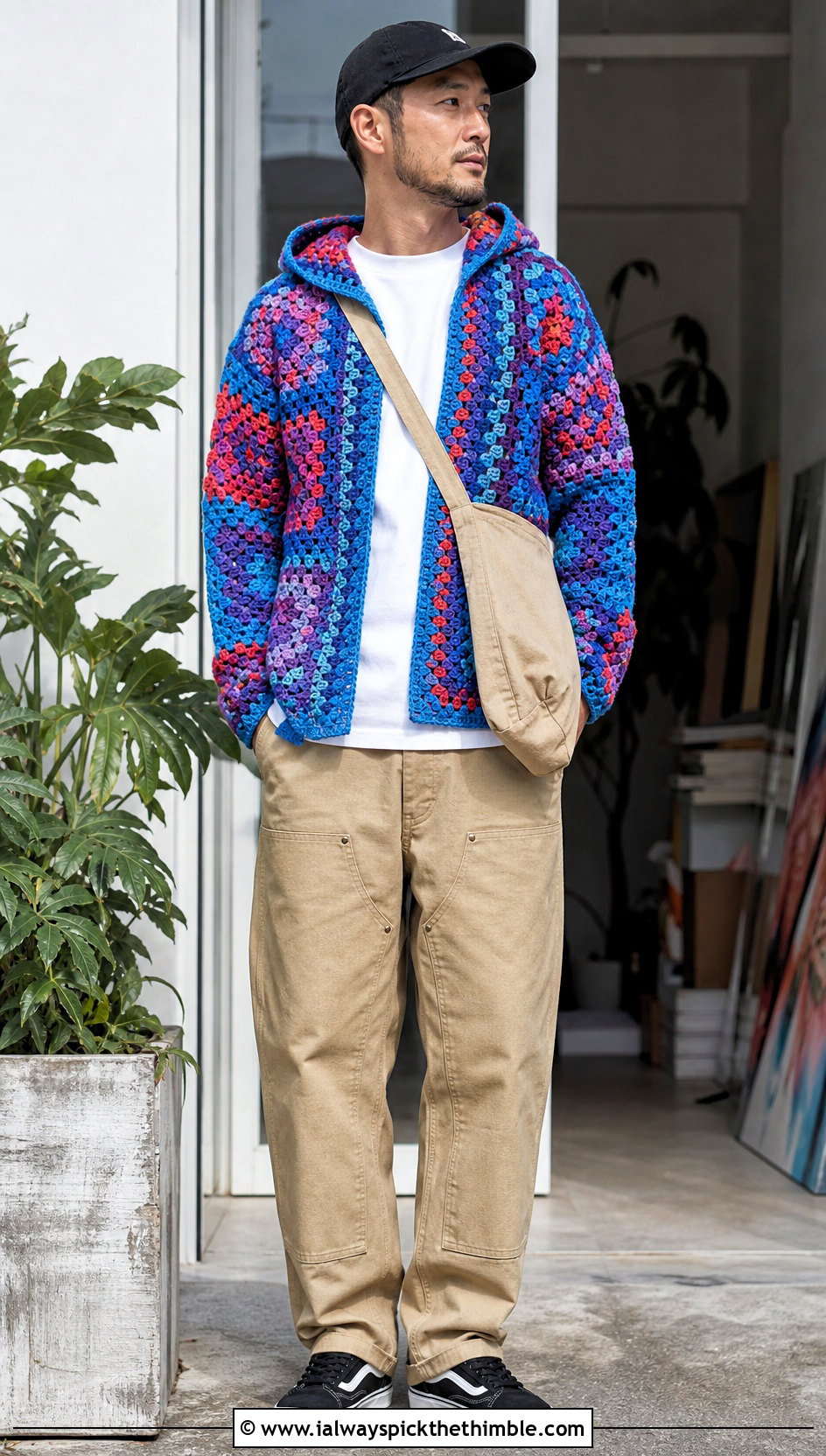 Graphic Crochet Hoodie With Double Knee Pants - 20 Crochet Hoodie Men outfit ideas