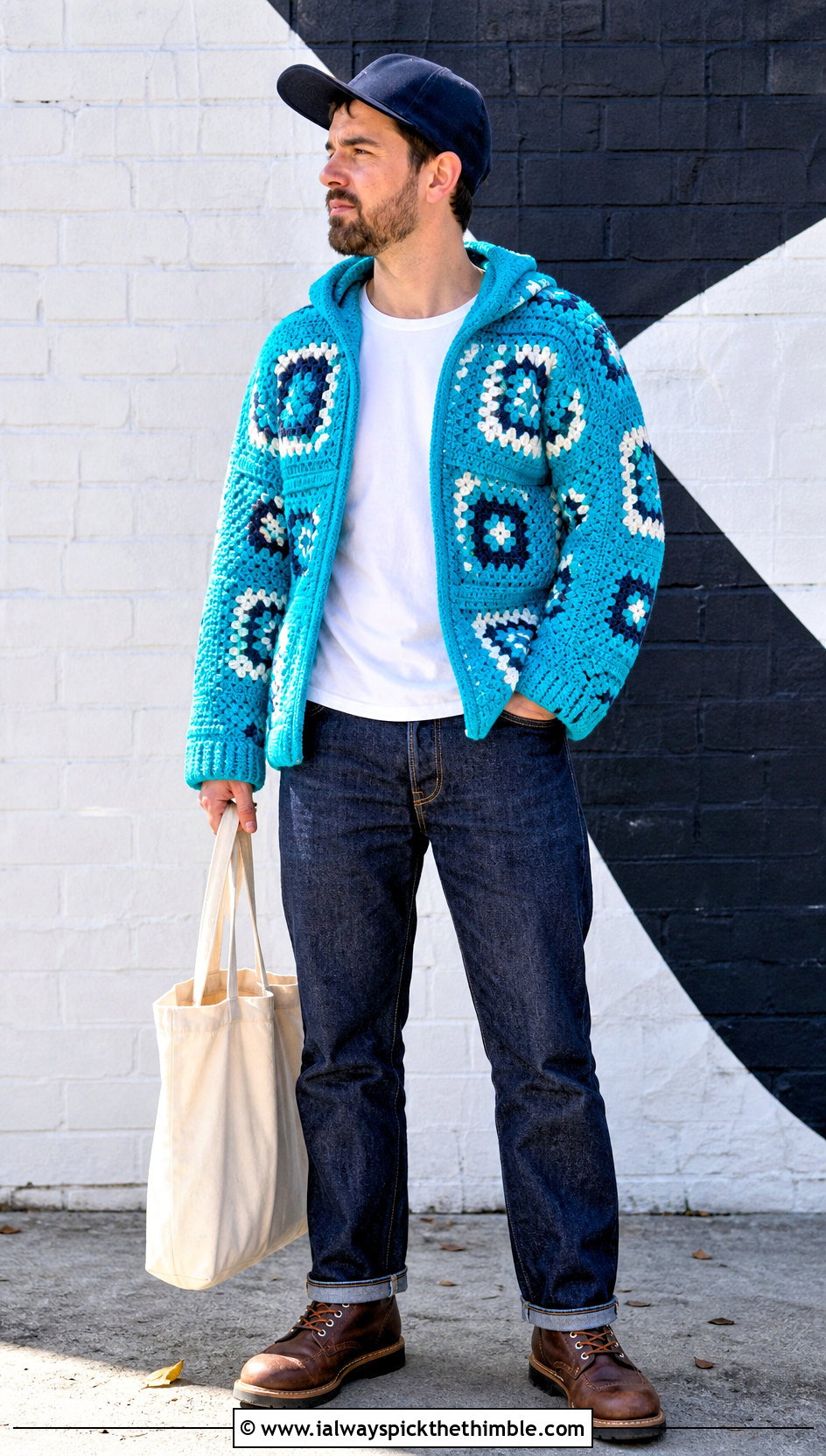 Graphic Crochet Hoodie With Raw Denim - 25 crochet hoodie for men outfit ideas