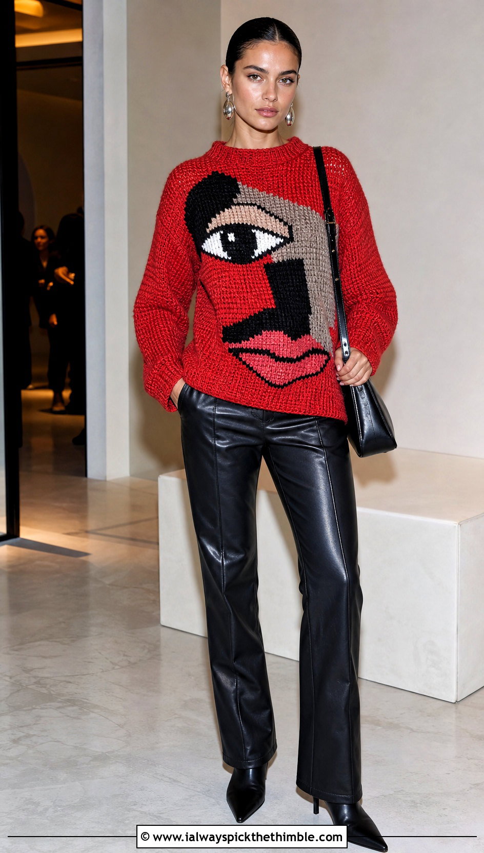 Graphic Intarsia Crochet Sweater With Leather Pants - 20 90s crochet sweater outfit ideas