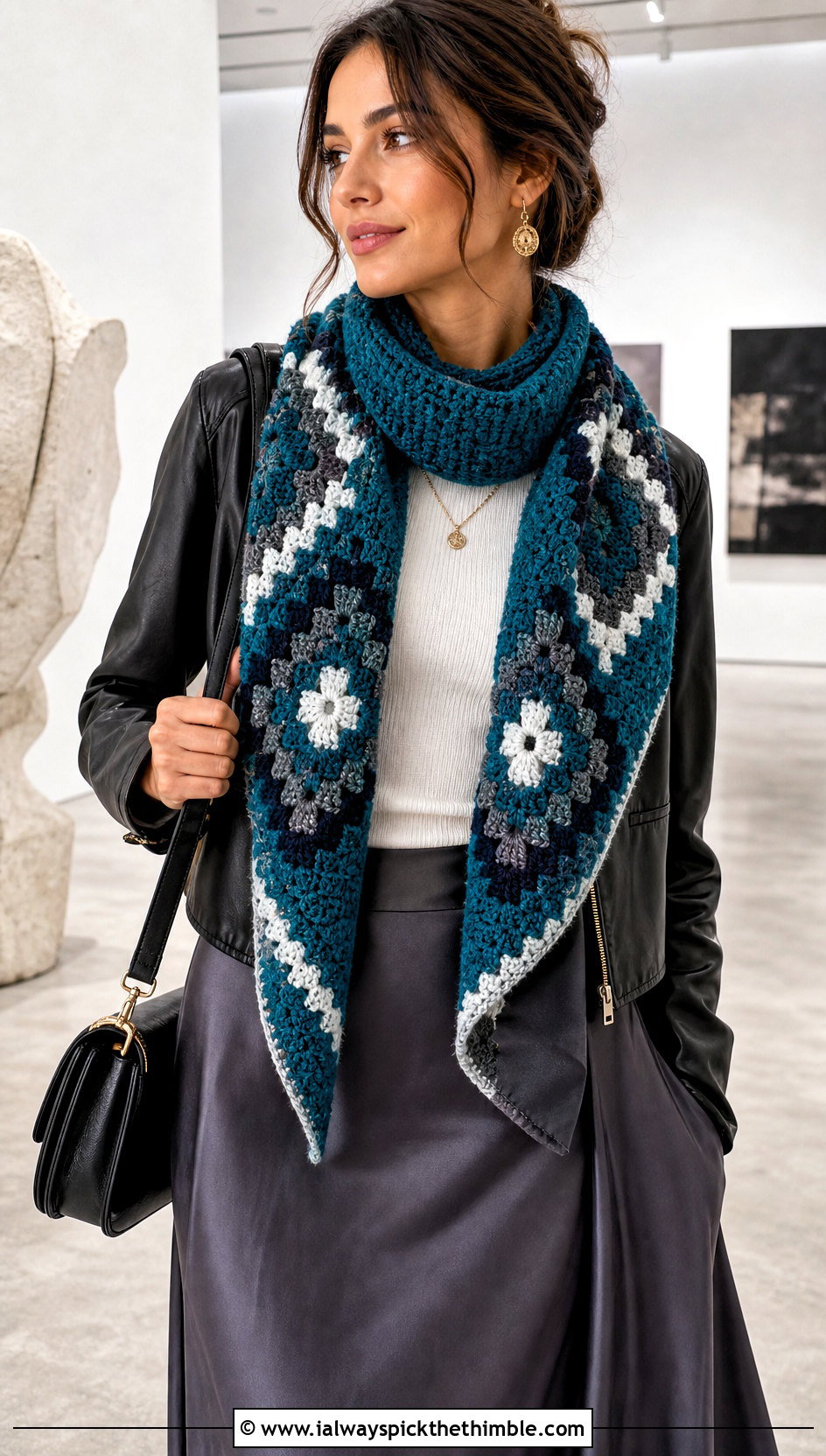 Graphic Motif C2C Scarf With Leather Jacket And Maxi Skirt - 25 c2c crochet scarf outfit ideas