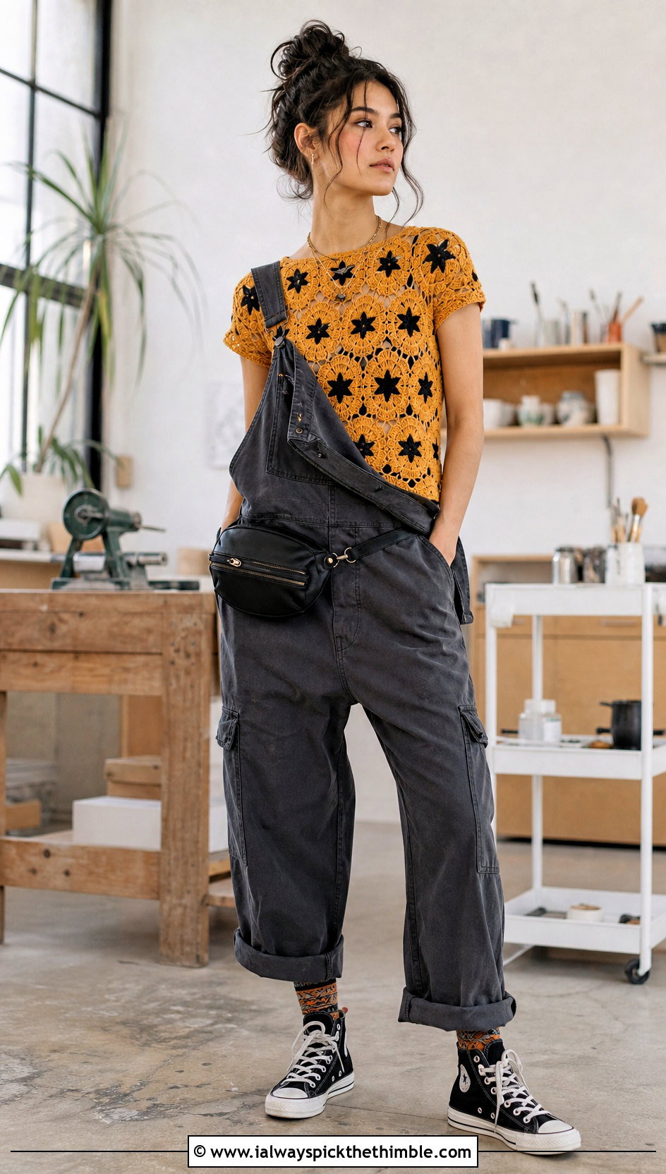 Graphic Motif Crochet Top With Utility Overalls - 25 grunge crochet top outfit ideas