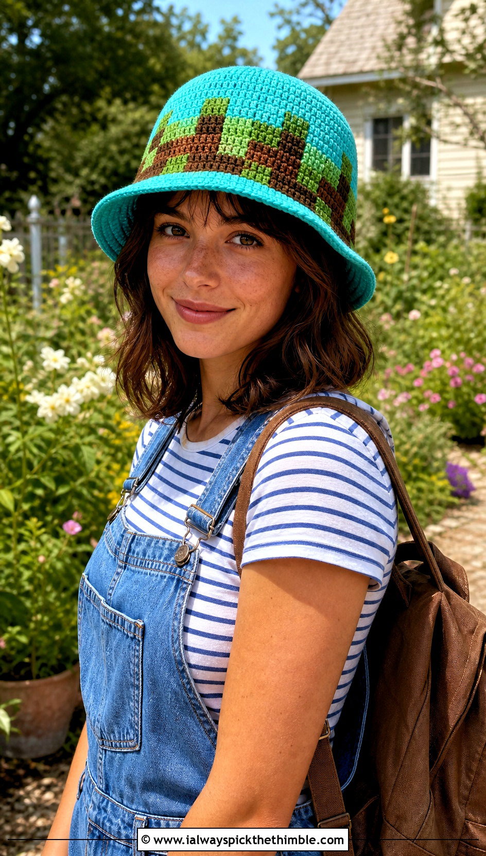 Grass Block Bucket Hat With Overalls - 20 Minecraft Crochet Hat outfit ideas