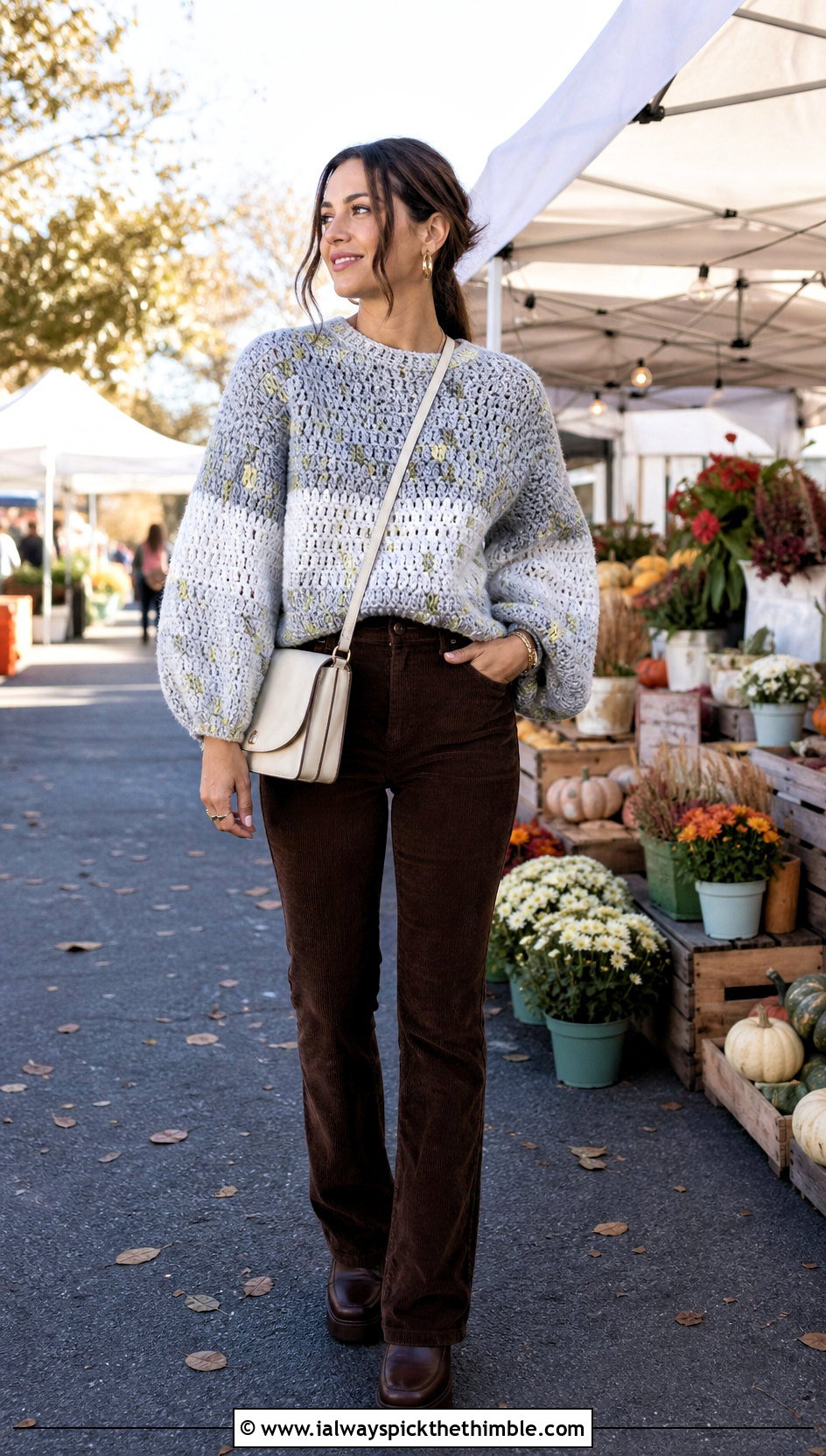 Gray And White Balloon Sleeve Crochet Sweater With Corduroy Pants - 15 Gray And White Crochet Sweater outfit ideas