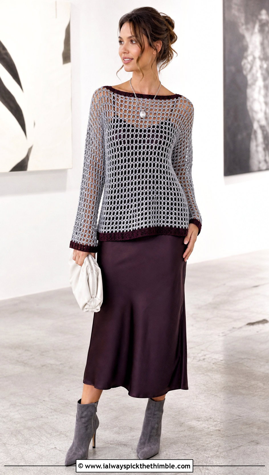 Gray And White Mesh Crochet Sweater Over A Slip Dress - 15 Gray And White Crochet Sweater outfit ideas