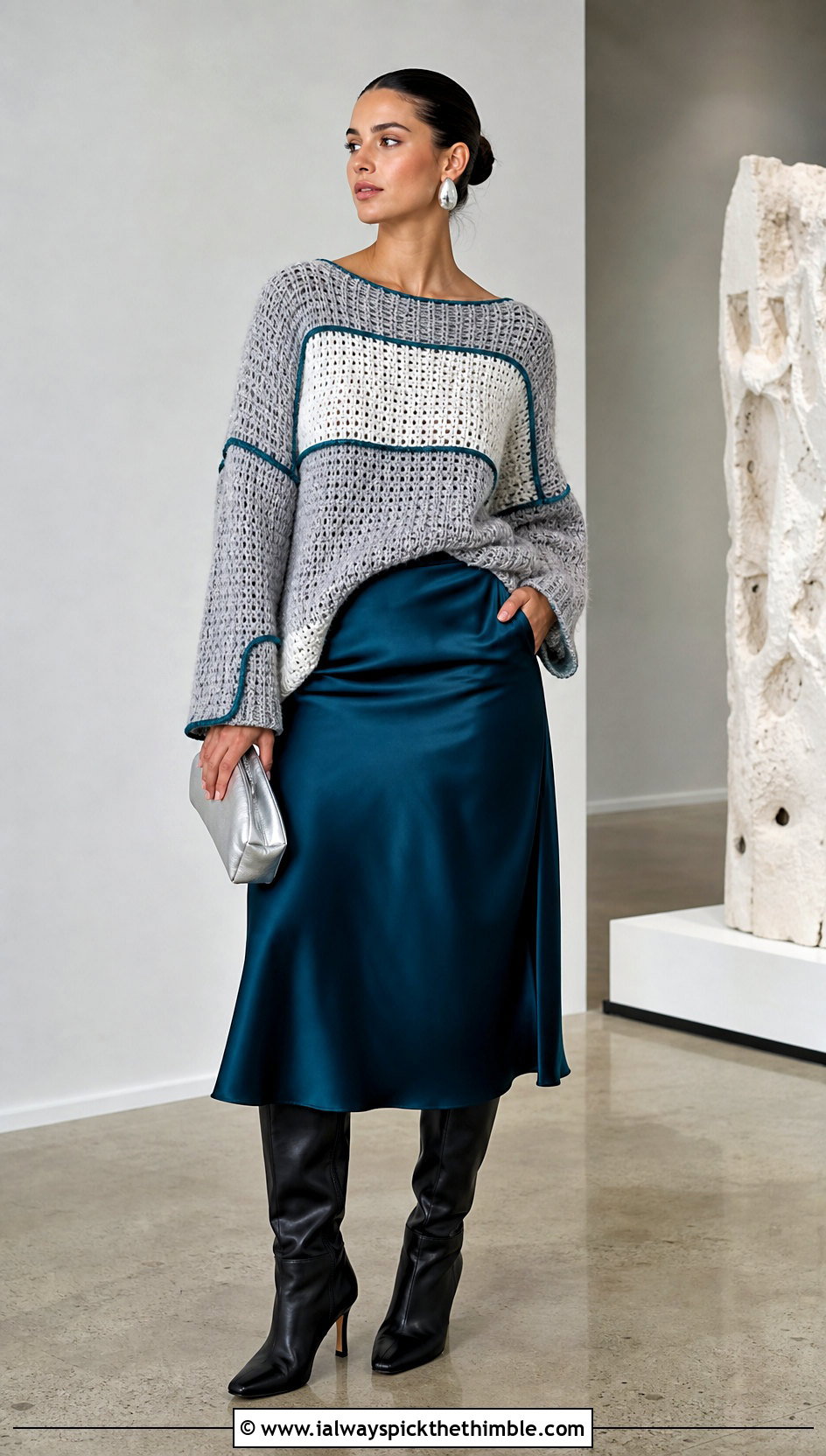 Gray And White Oversized Crochet Sweater With Satin Midi Skirt - 15 Gray And White Crochet Sweater outfit ideas