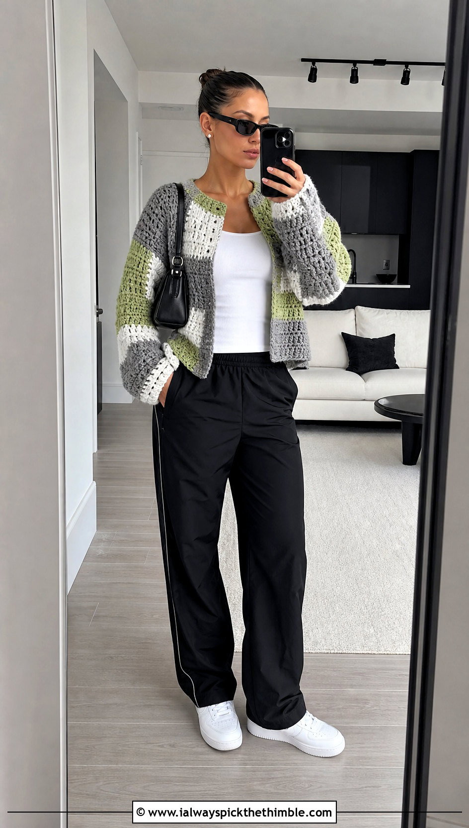 Gray And White Patchwork Crochet Sweater With Track Pants - 15 Gray And White Crochet Sweater outfit ideas