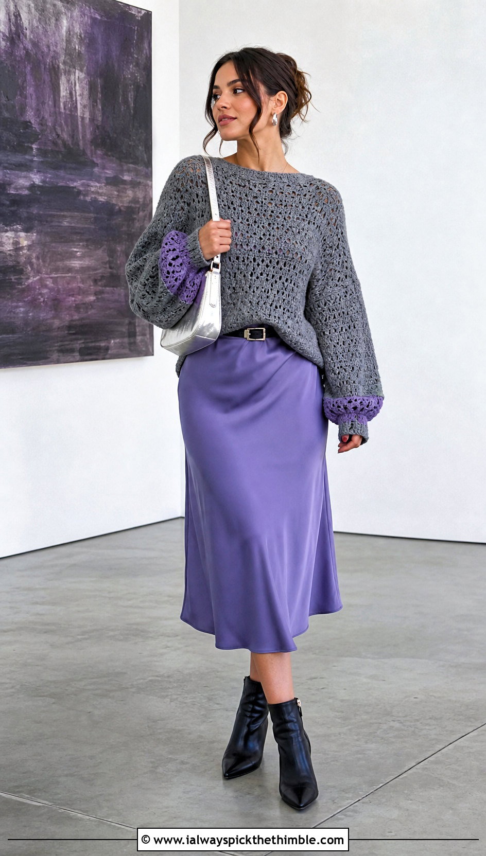 Gray Balloon Sleeve Crochet Sweater Over Slip Dress - 15 Gray Crochet Sweater Design outfit ideas