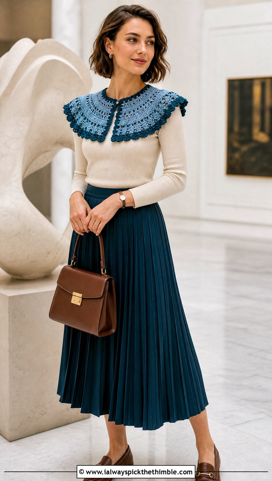 Gray Bertha Crochet Collar With Knit Top And Pleated Skirt - 15 Gray Crochet Collar outfit ideas
