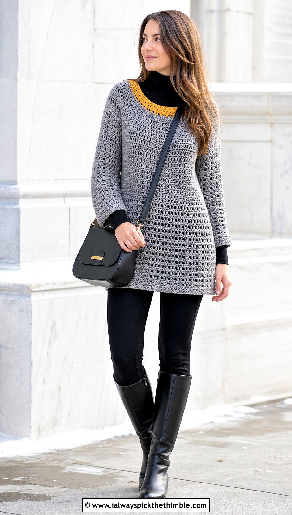 Gray Crochet Tunic Sweater With Leggings And Boots - 15 Gray Crochet Sweater Design outfit ideas
