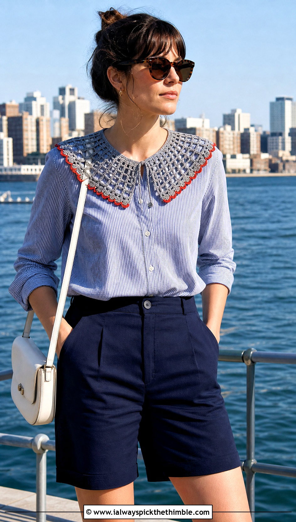 Gray Filet Lace Crochet Collar With Striped Shirt And Shorts - 15 Gray Crochet Collar outfit ideas