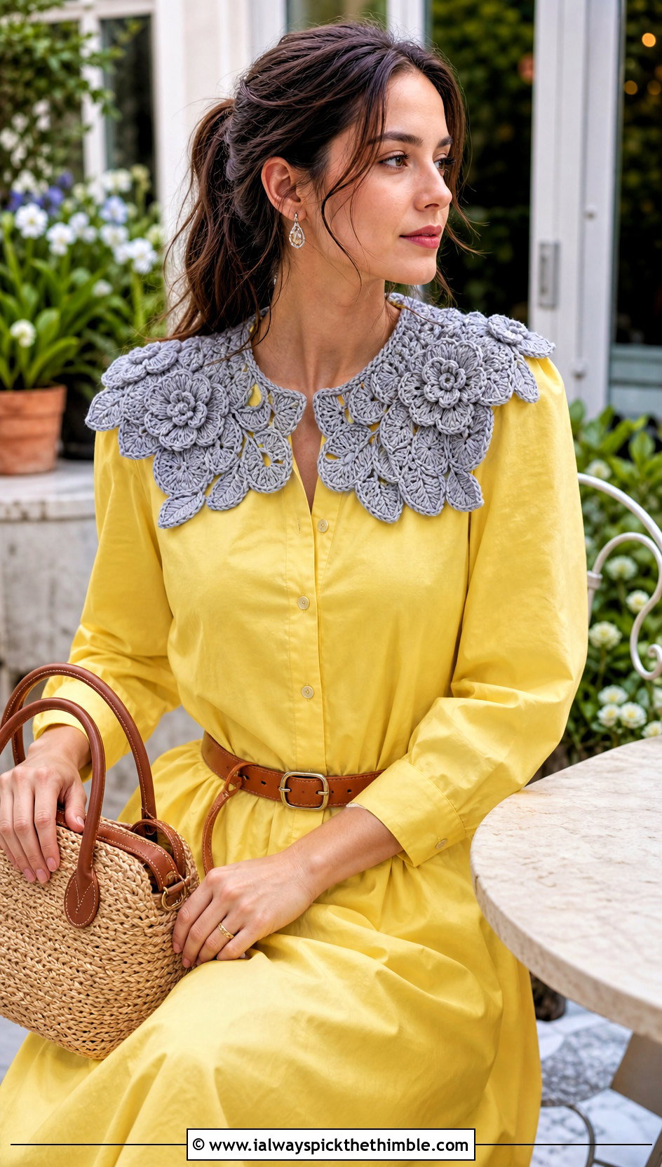 Gray Floral Motif Crochet Collar With Poplin Dress - 15 Gray Crochet Collar outfit ideas