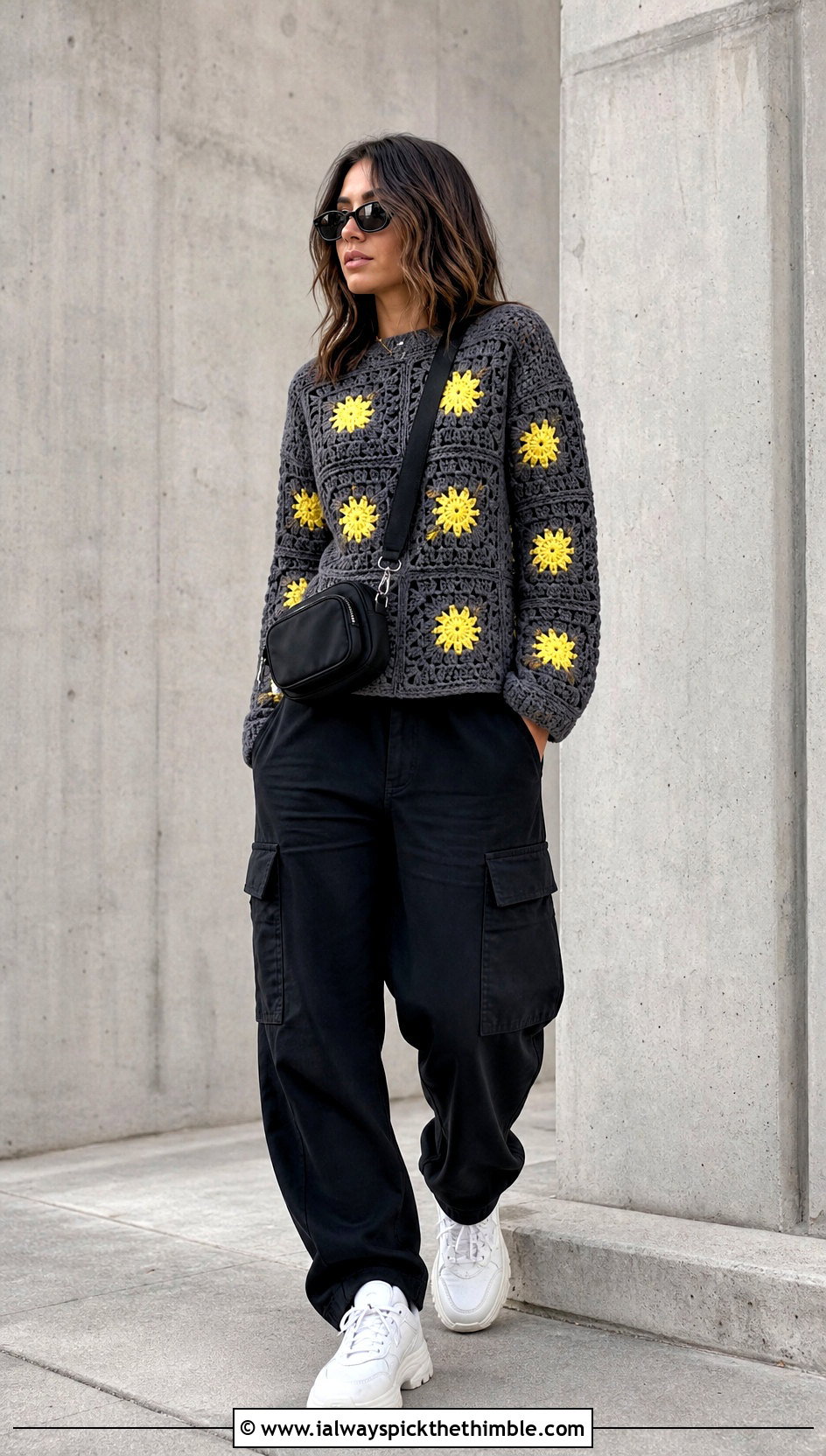 Gray Granny Square Crochet Sweater With Cargo Pants - 15 Gray Crochet Sweater Design outfit ideas