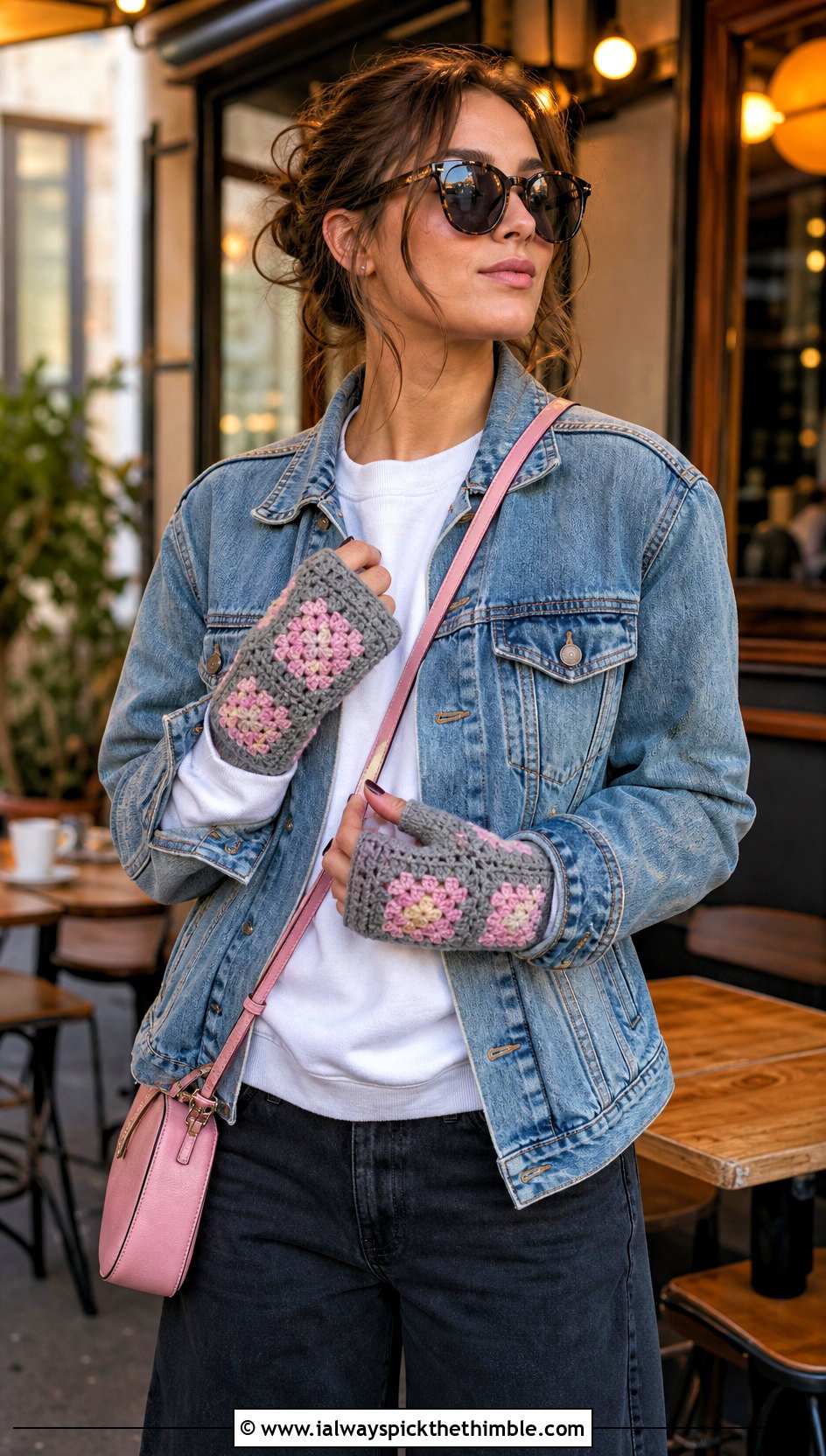 Gray Granny Square Fingerless Gloves With Denim Jacket - 15 Gray Crochet Gloves outfit ideas