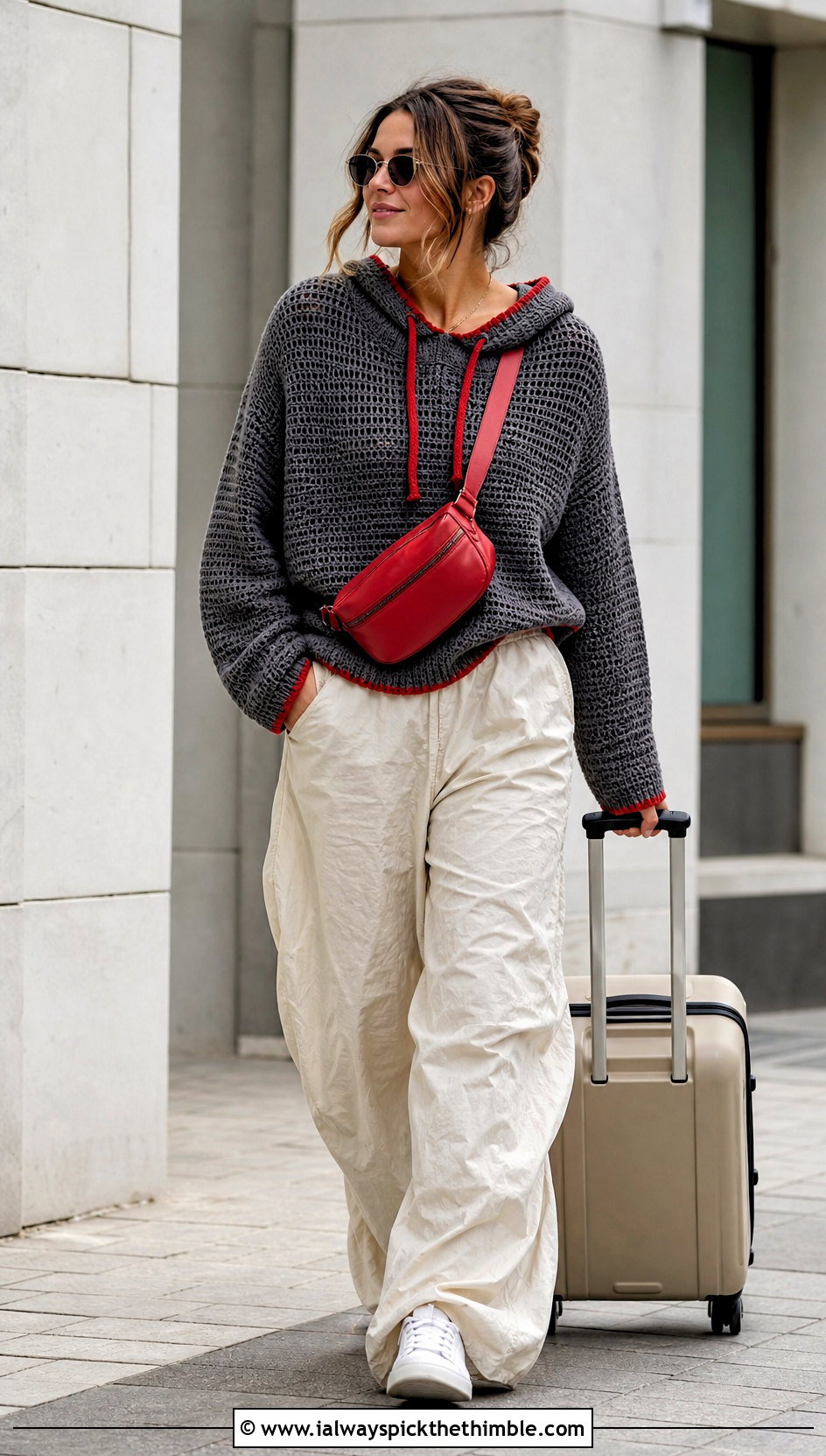 Gray Hooded Crochet Sweater With Parachute Pants - 15 Gray Crochet Sweater Design outfit ideas