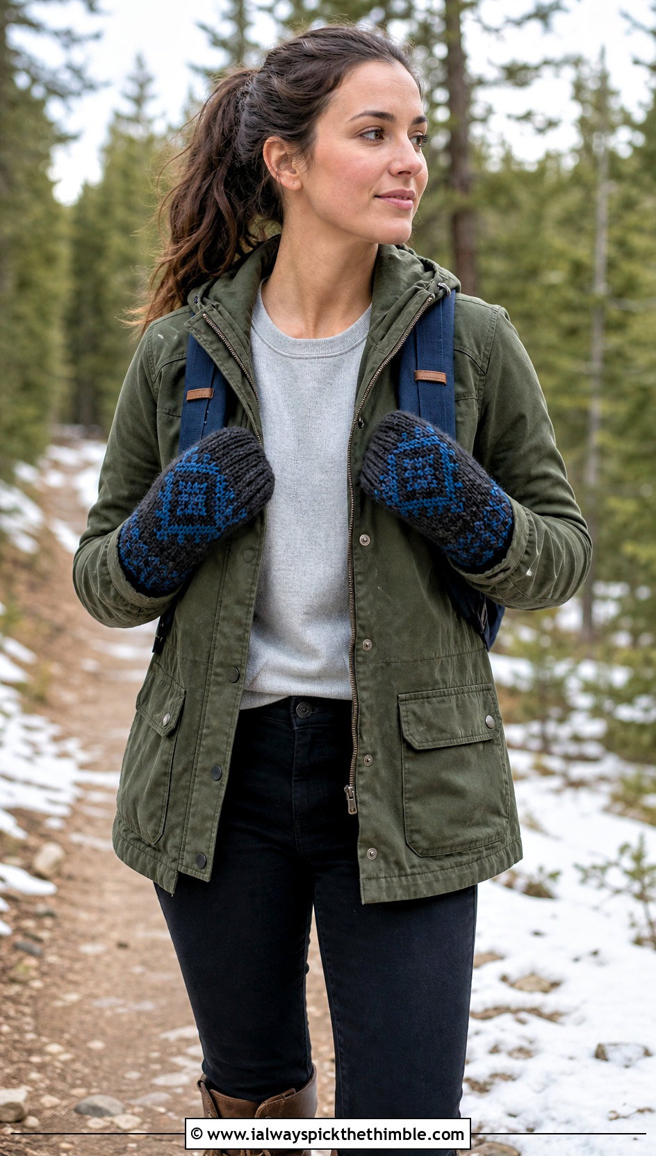 Gray Mosaic Stitch Mittens With Utility Jacket - 15 Gray Crochet Gloves outfit ideas