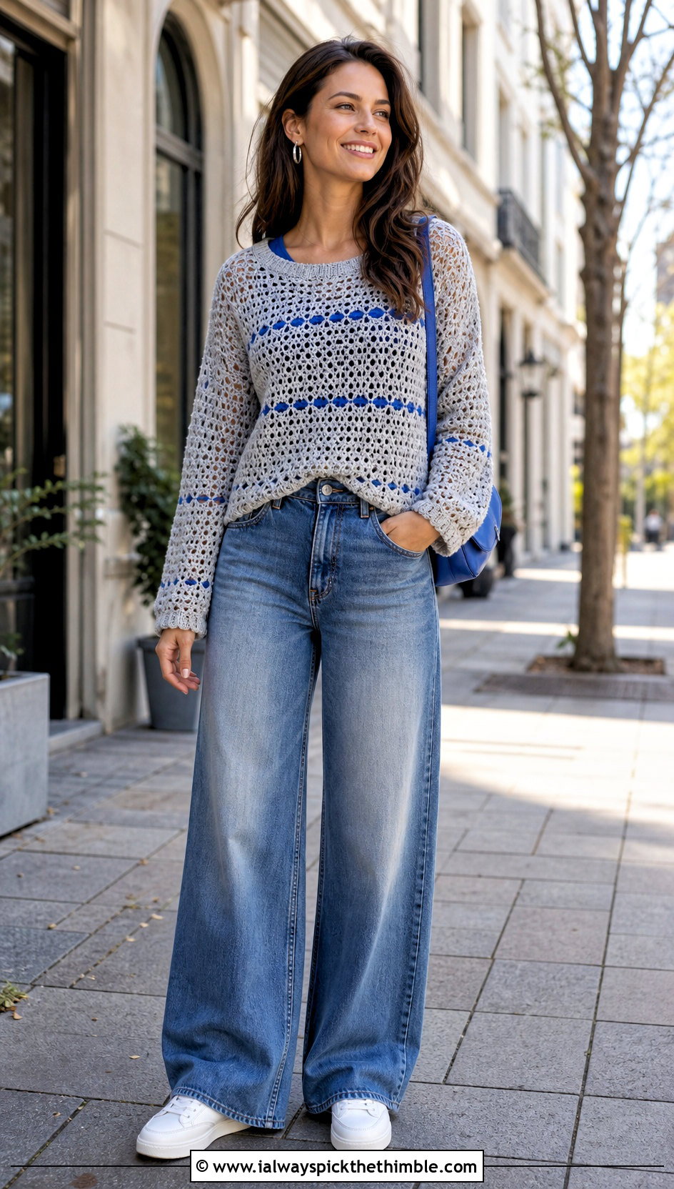 Gray Openwork Crochet Pullover With Wide Leg Jeans - 15 Gray Crochet Sweater Design outfit ideas