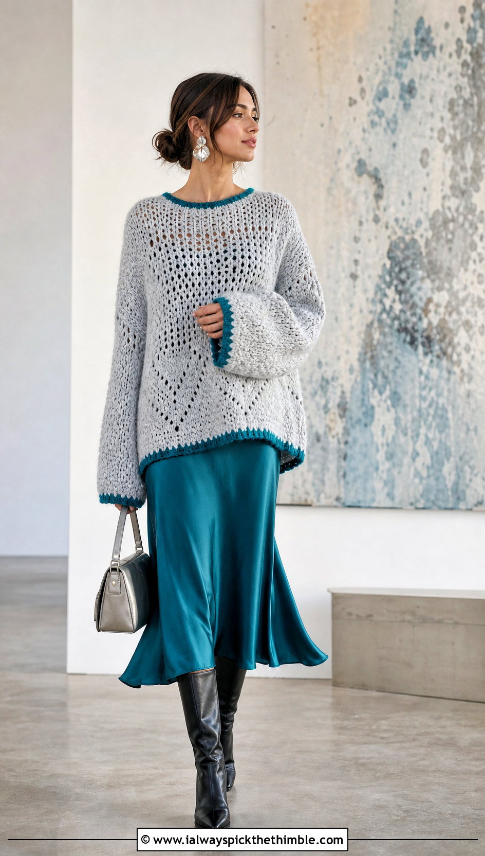Gray Oversized Crochet Sweater With Satin Midi Skirt - 15 Gray Crochet Sweater Design outfit ideas