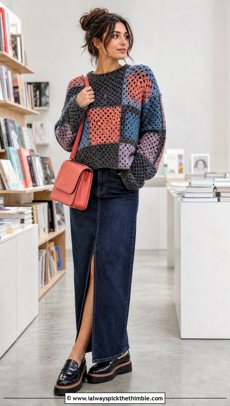 Gray Patchwork Crochet Sweater With Denim Maxi Skirt - 15 Gray Crochet Sweater Design outfit ideas