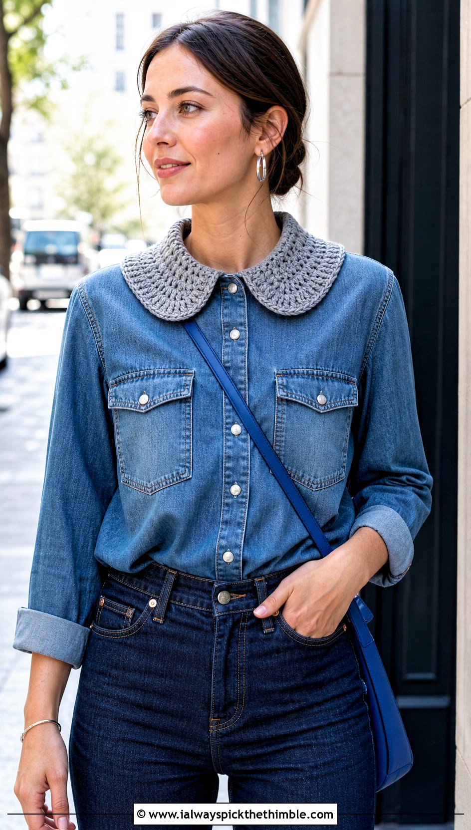 Gray Peter Pan Crochet Collar With Denim Shirt And Jeans - 15 Gray Crochet Collar outfit ideas