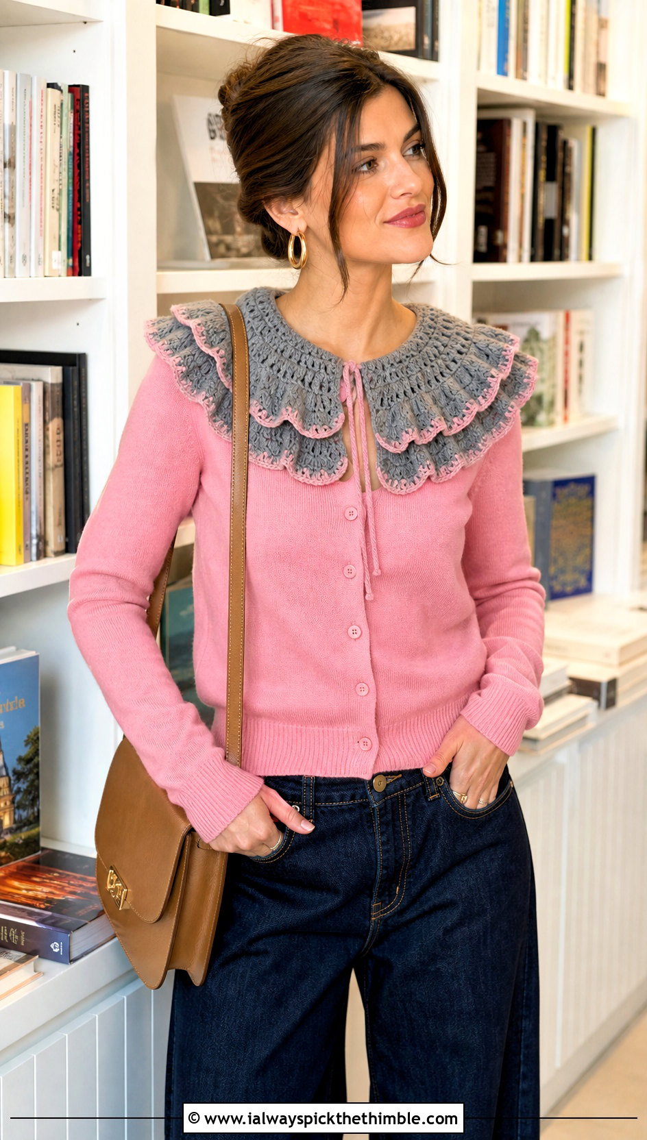 Gray Ruffled Crochet Collar With Cardigan And Wide Leg Jeans - 15 Gray Crochet Collar outfit ideas