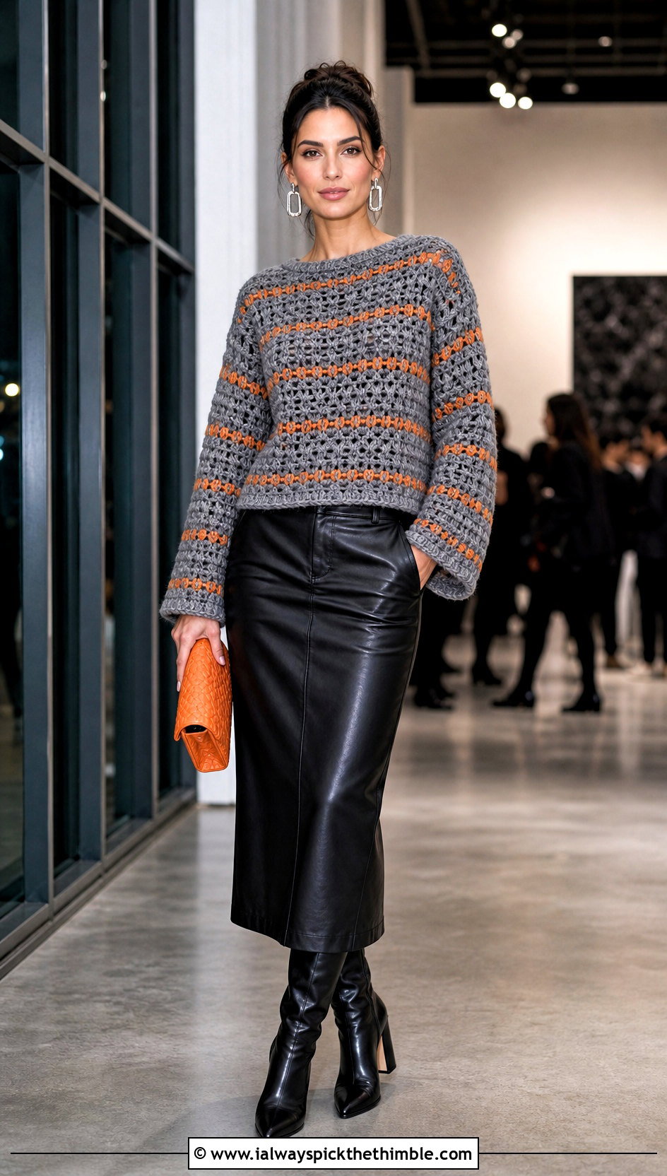 Gray Striped Granny Stitch Sweater With Leather Skirt - 15 Gray Crochet Sweater Design outfit ideas