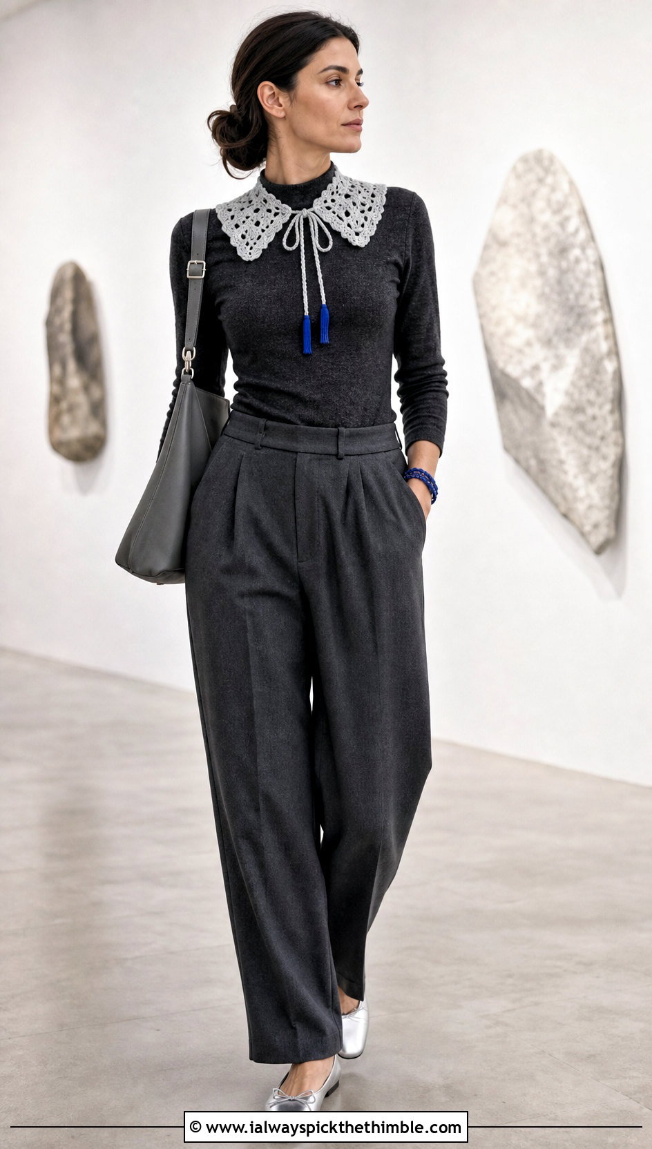 Gray Tie Front Crochet Collar With Monochrome Separates - 15 Gray Crochet Collar outfit ideas