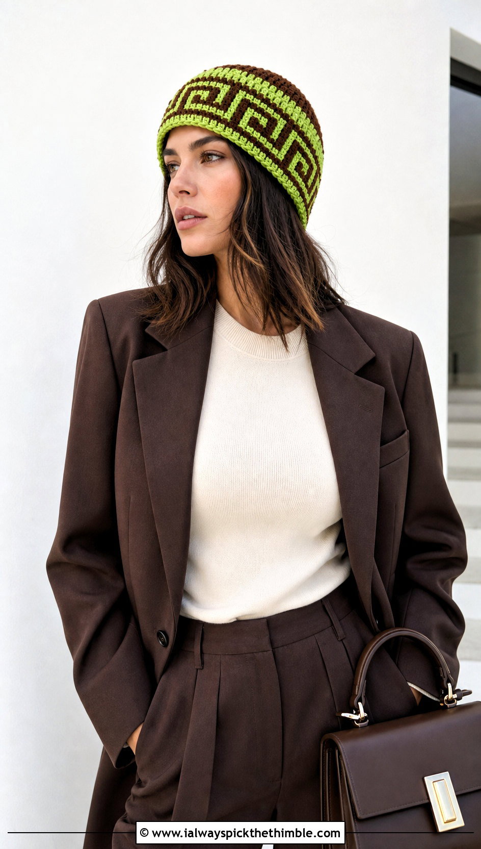 Greek Key Mosaic Crochet Beanie With Monochrome Suit - 20 Mosaic Crochet Beanie outfit ideas