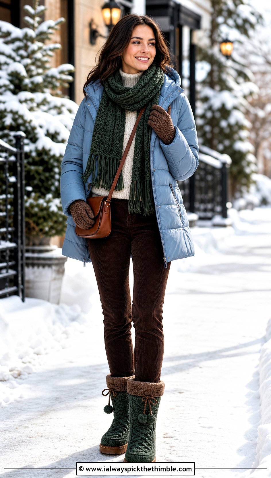 Green And Brown Cable Stitch Crochet Snow Boots With A Puffer Coat - 15 green and brown crochet boots outfit ideas