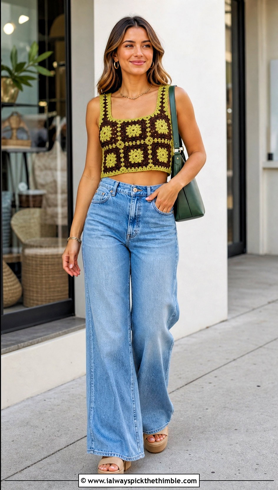 Green And Brown Granny Square Crochet Crop Top With Wide Leg Jeans - 20 Green And Brown Crochet Top outfit ideas