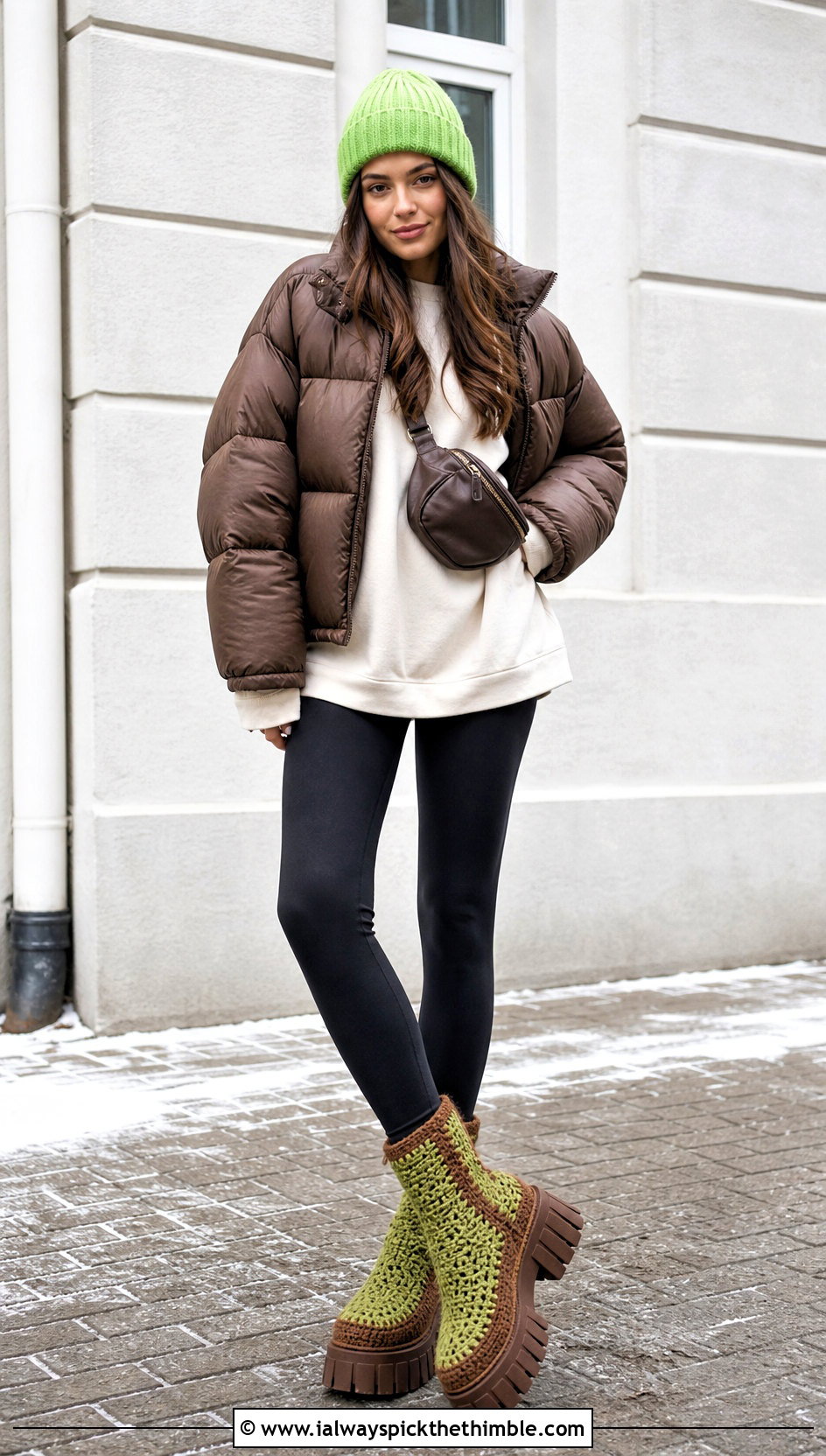 Green And Brown Platform Crochet Boots With Leggings And A Puffer - 15 green and brown crochet boots outfit ideas
