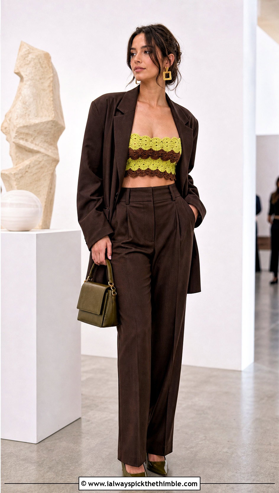 Green And Brown Scalloped Crochet Bandeau Top With Oversized Suit - 20 Green And Brown Crochet Top outfit ideas