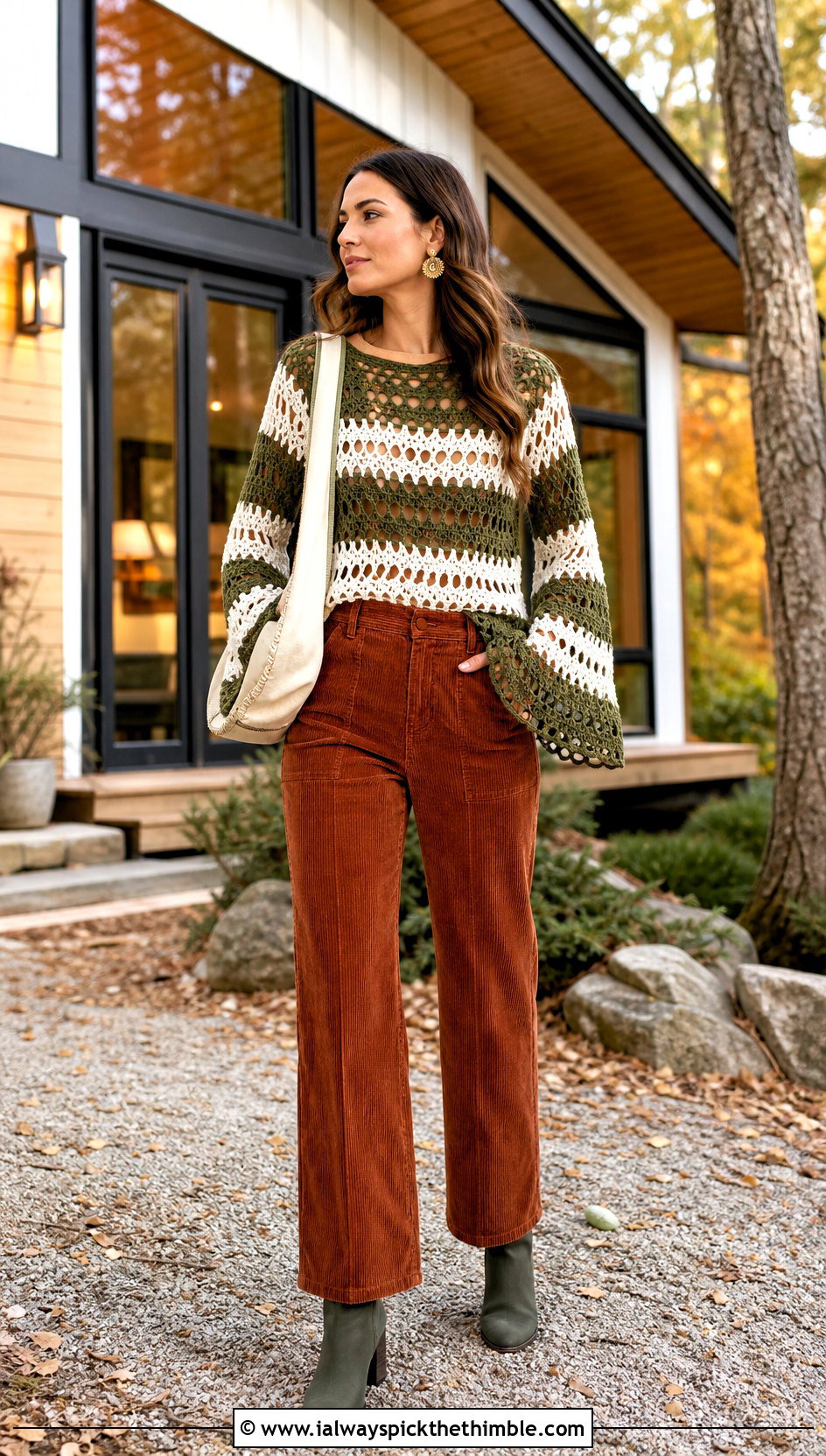 Green And White Bell Sleeve Crochet Top With Corduroy Pants - 20 green and white crochet top outfit ideas