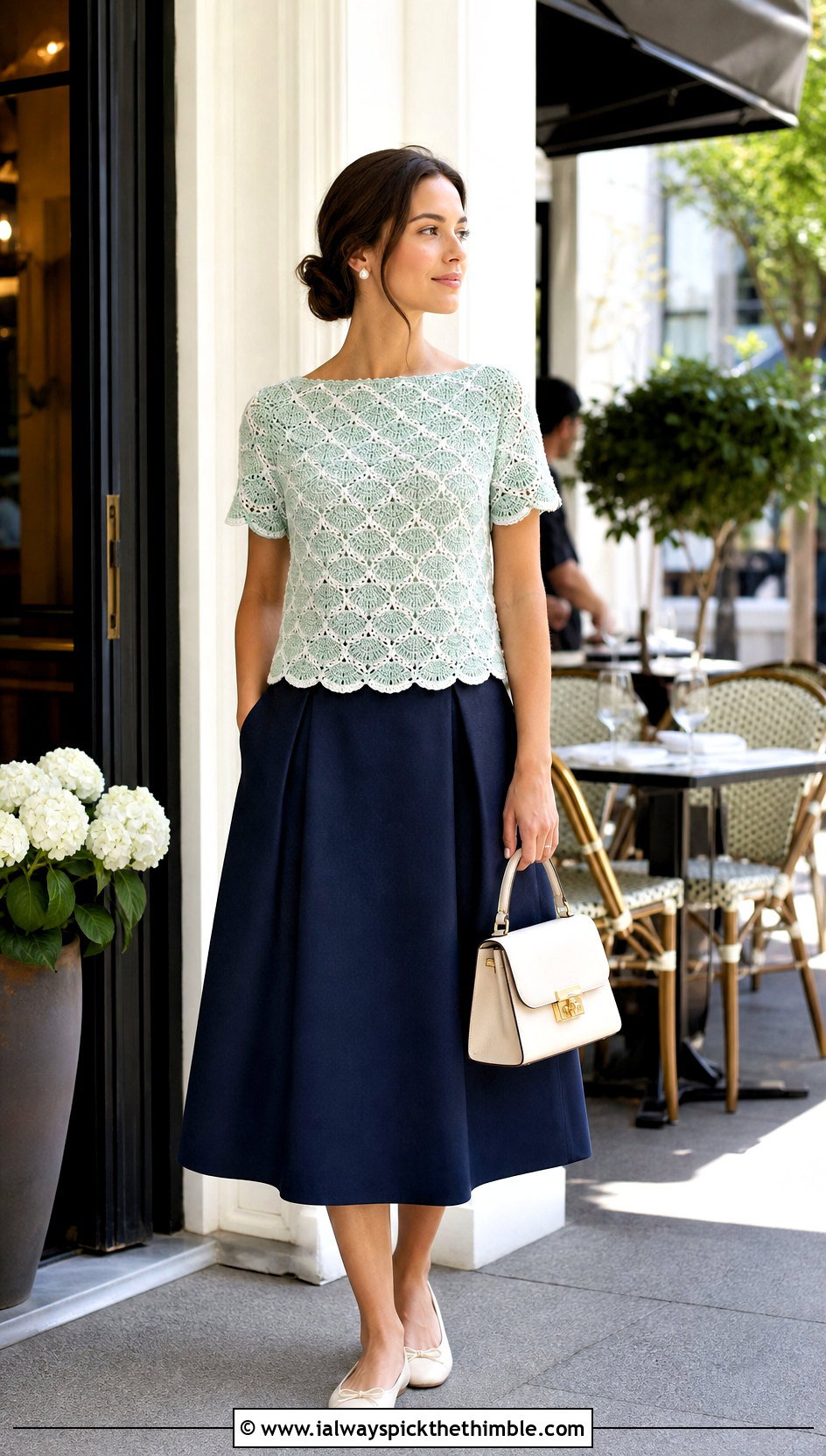 Green And White Boat Neck Crochet Shell With A Line Skirt - 20 green and white crochet top outfit ideas