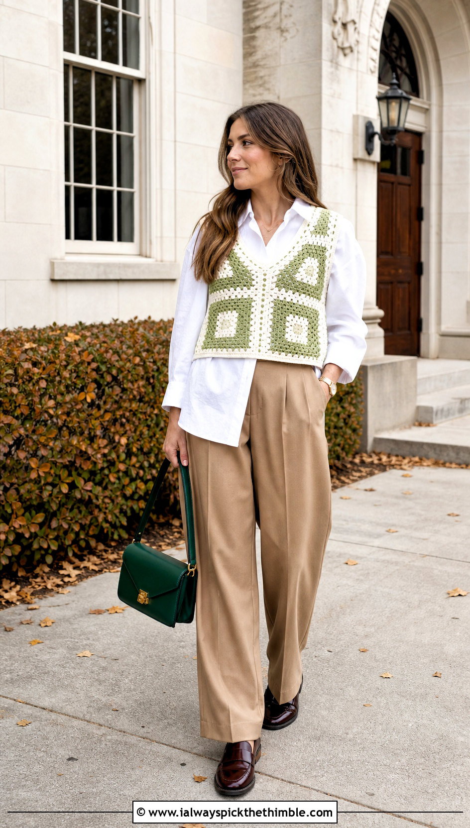 Green And White Crochet Vest Top With Poplin Shirt And Pleated Pants - 20 green and white crochet top outfit ideas