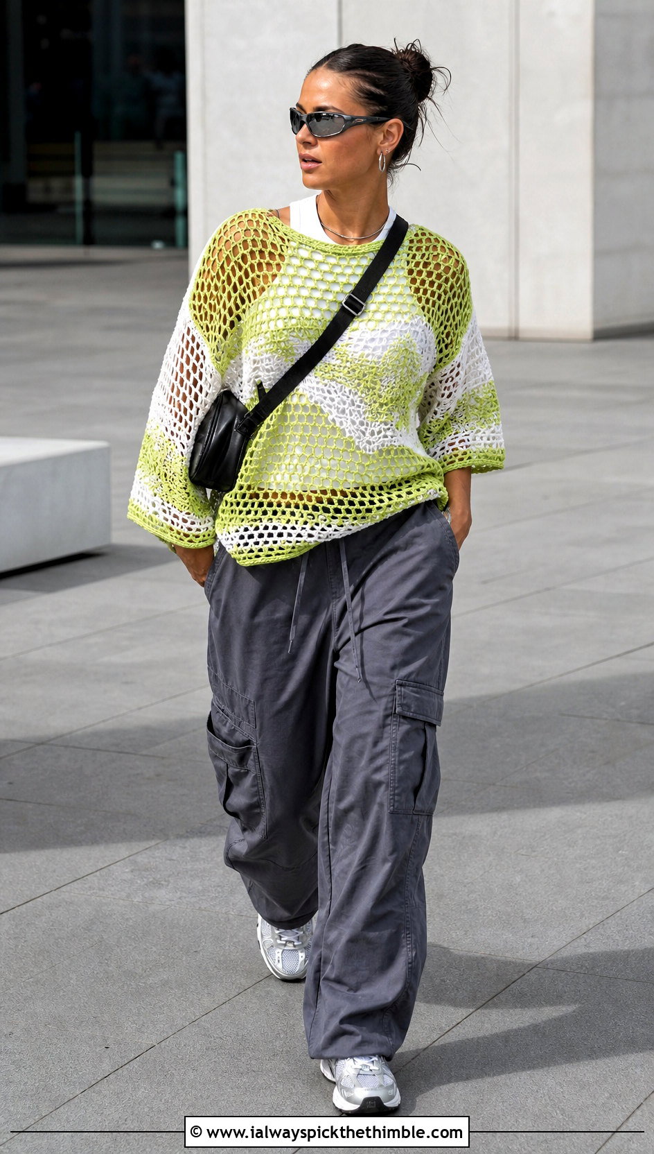 Green And White Mesh Crochet T Shirt With Cargo Pants - 20 green and white crochet top outfit ideas