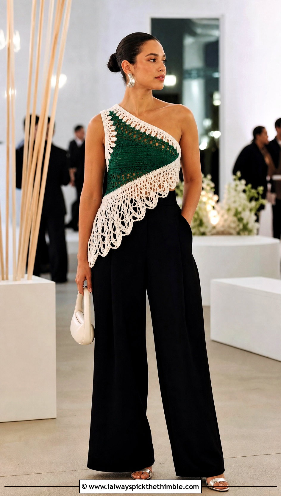 Green And White One Shoulder Crochet Top With Palazzo Pants - 20 green and white crochet top outfit ideas