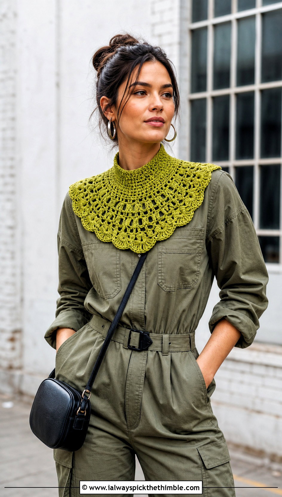 Green Bib Crochet Collar With Utility Jumpsuit - 15 Green Crochet Collar outfit ideas