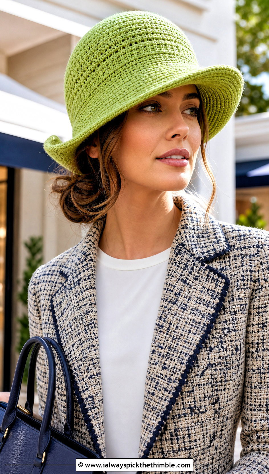 Green Brimmed Cloche With Tweed Jacket - 25 green crochet hat outfit ideas