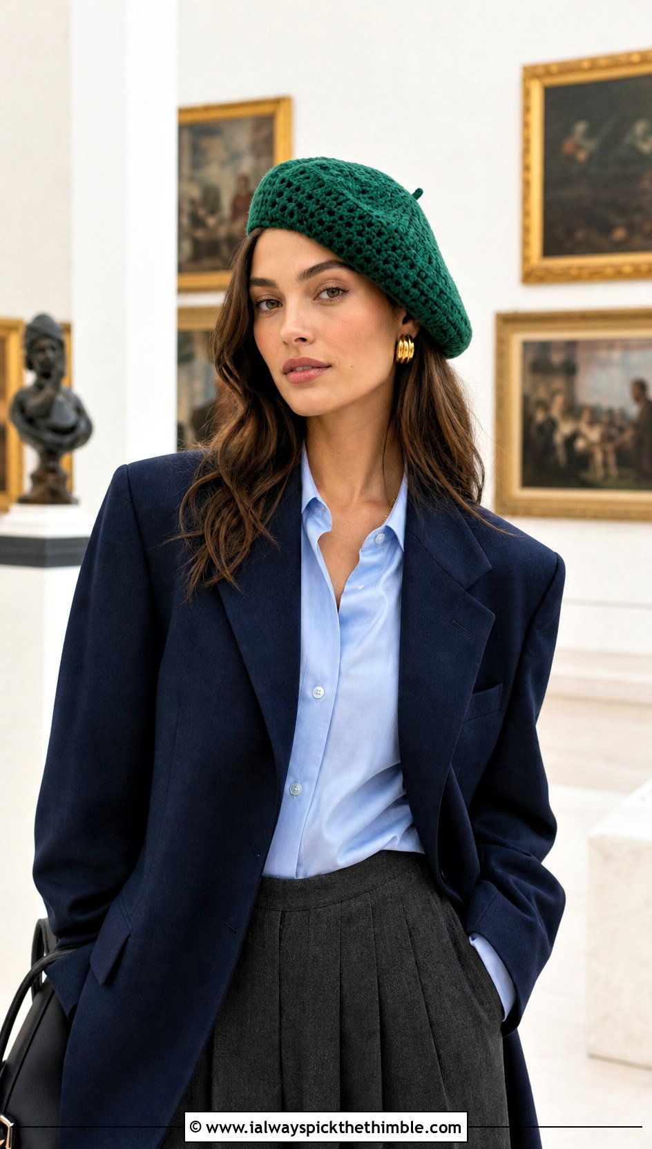 Green Crochet Beret With Blazer - 25 green crochet hat outfit ideas