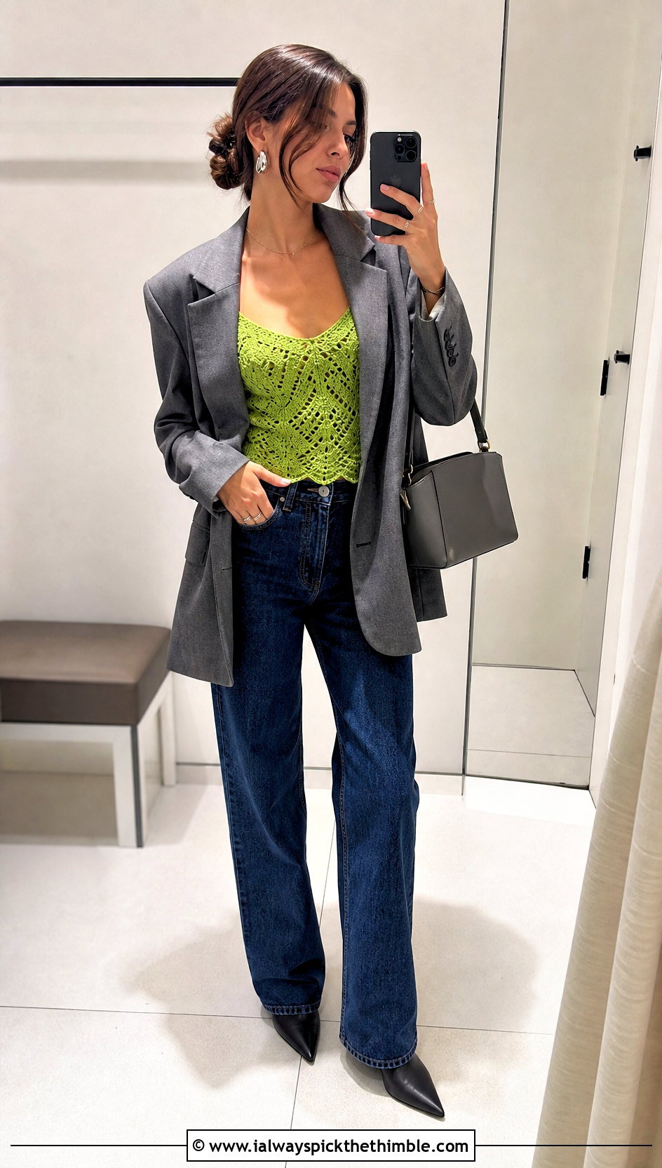 Green Crochet Camisole With Blazer And Jeans - 25 crochet green top outfit ideas