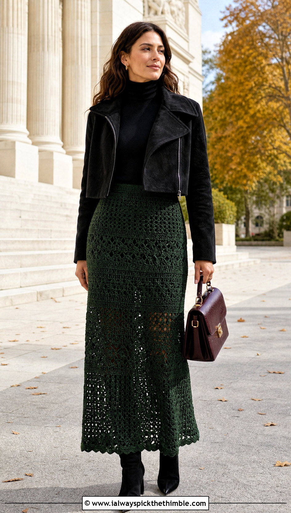 Green Crochet Maxi Skirt With Black Turtleneck And Boots - 25 green crochet skirt outfit ideas