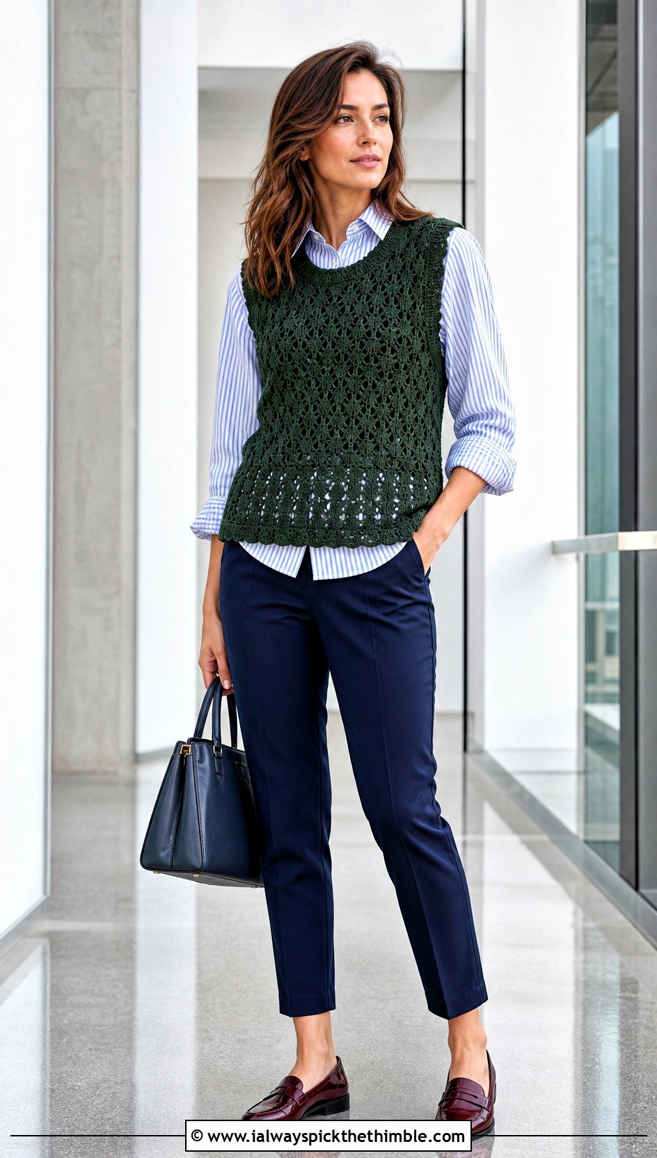 Green Crochet Vest Top With Striped Shirt - 25 crochet green top outfit ideas