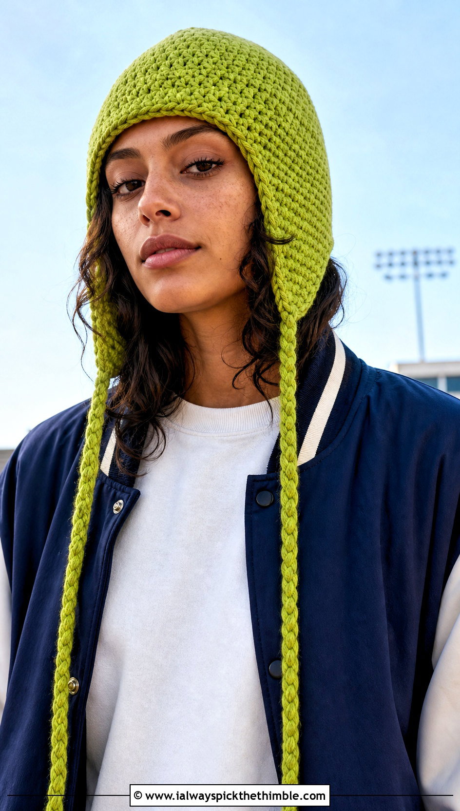 Green Earflap Beanie With Varsity Jacket - 25 green crochet hat outfit ideas