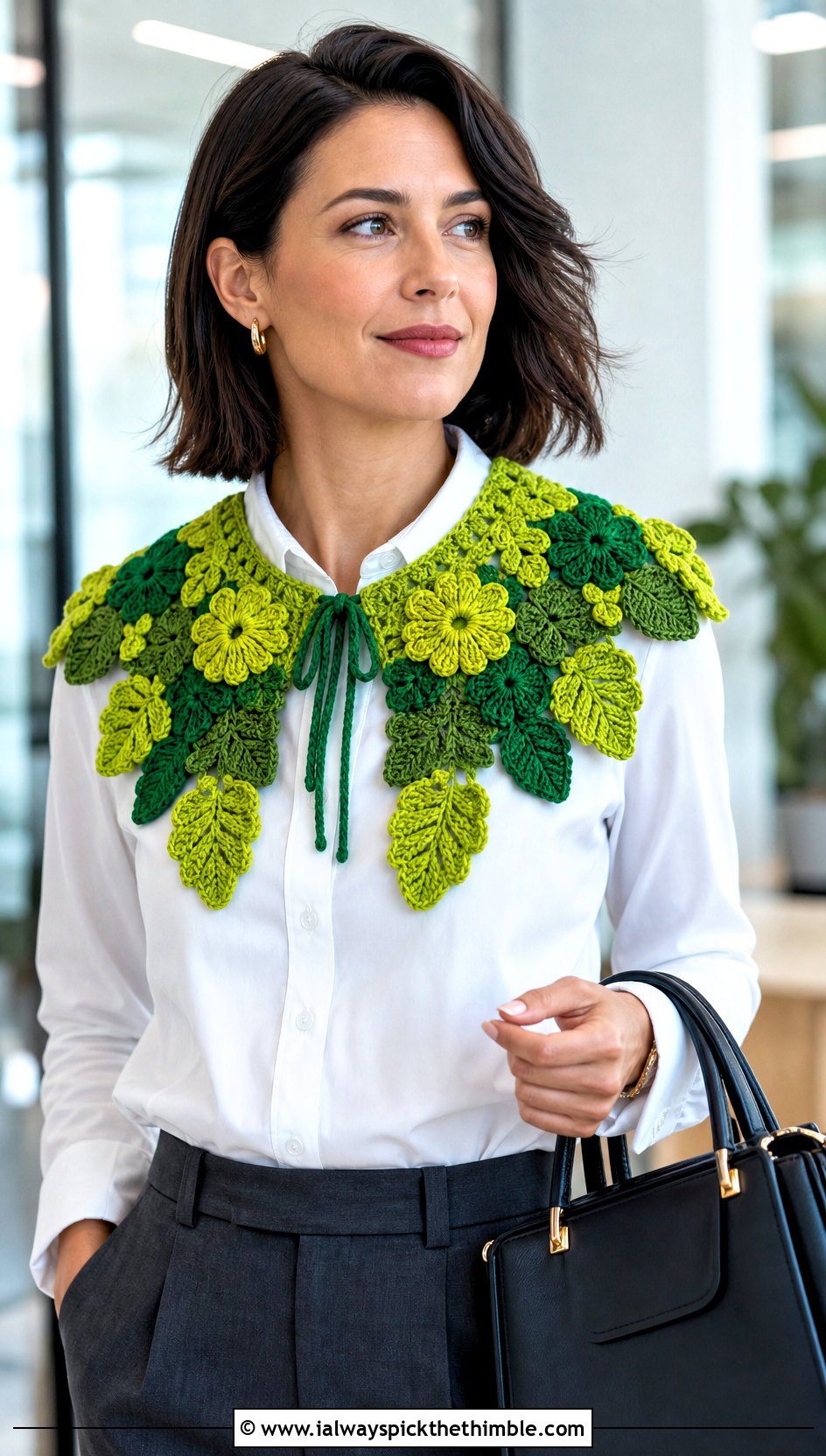 Green Floral Crochet Collar With White Shirt And Trousers - 15 Green Crochet Collar outfit ideas