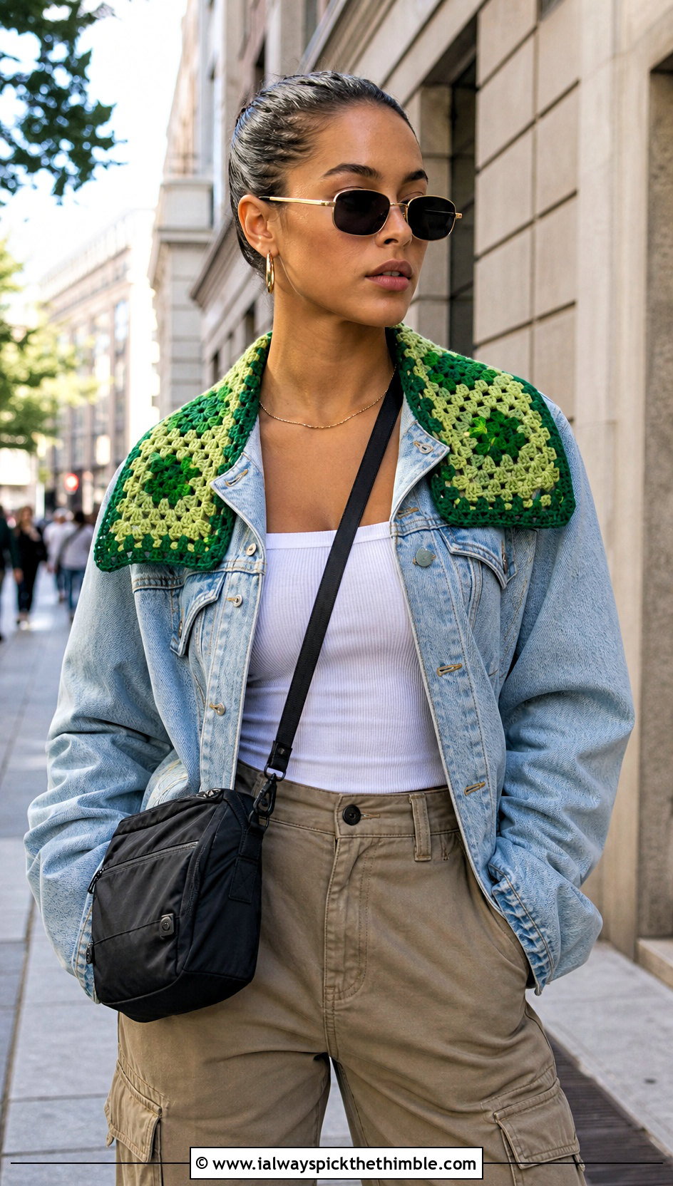 Green Granny Square Crochet Collar With Denim Jacket - 15 Green Crochet Collar outfit ideas
