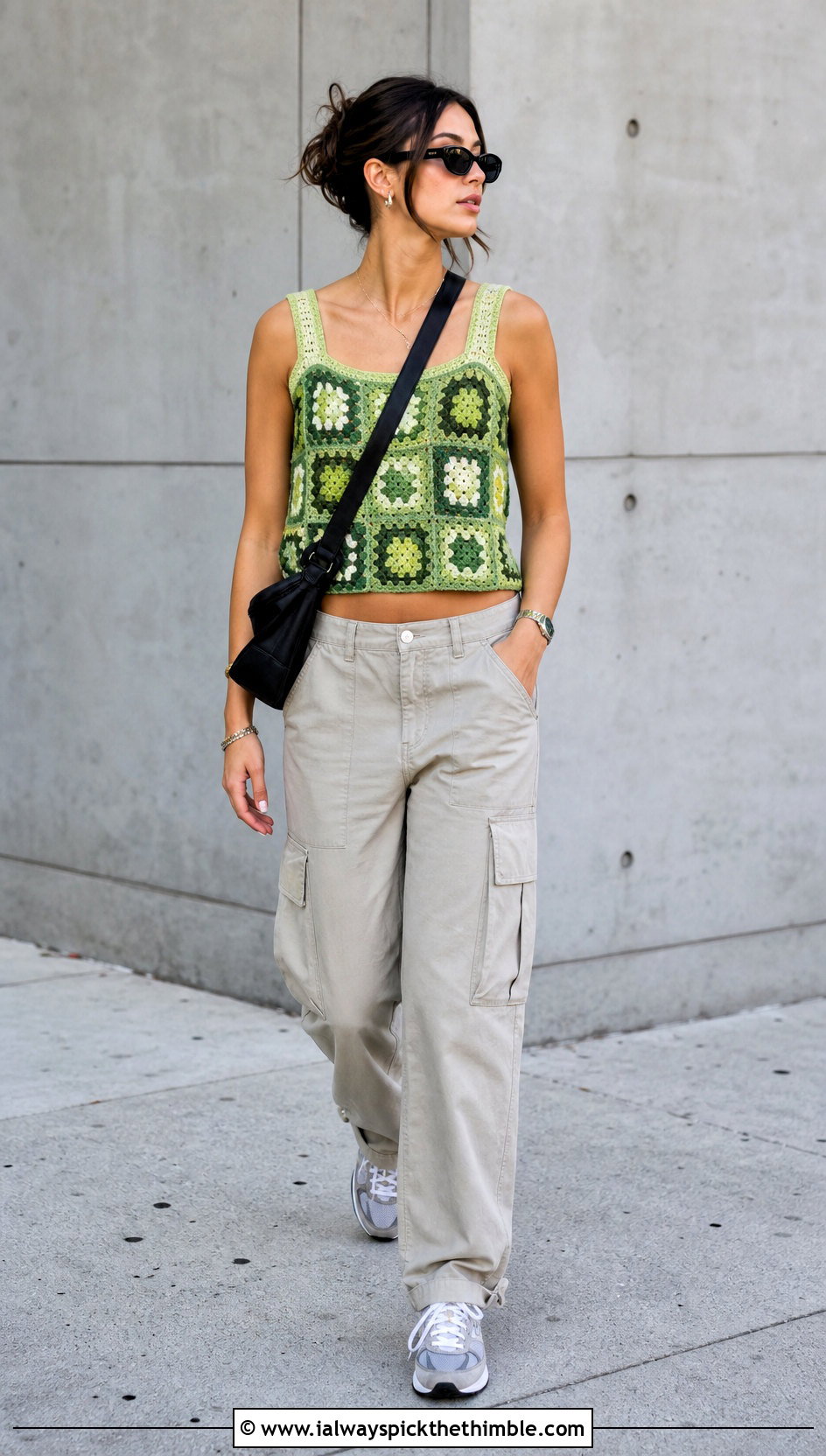 Green Granny Square Crochet Tank With Cargo Pants - 15 green crochet top on hanger outfit ideas