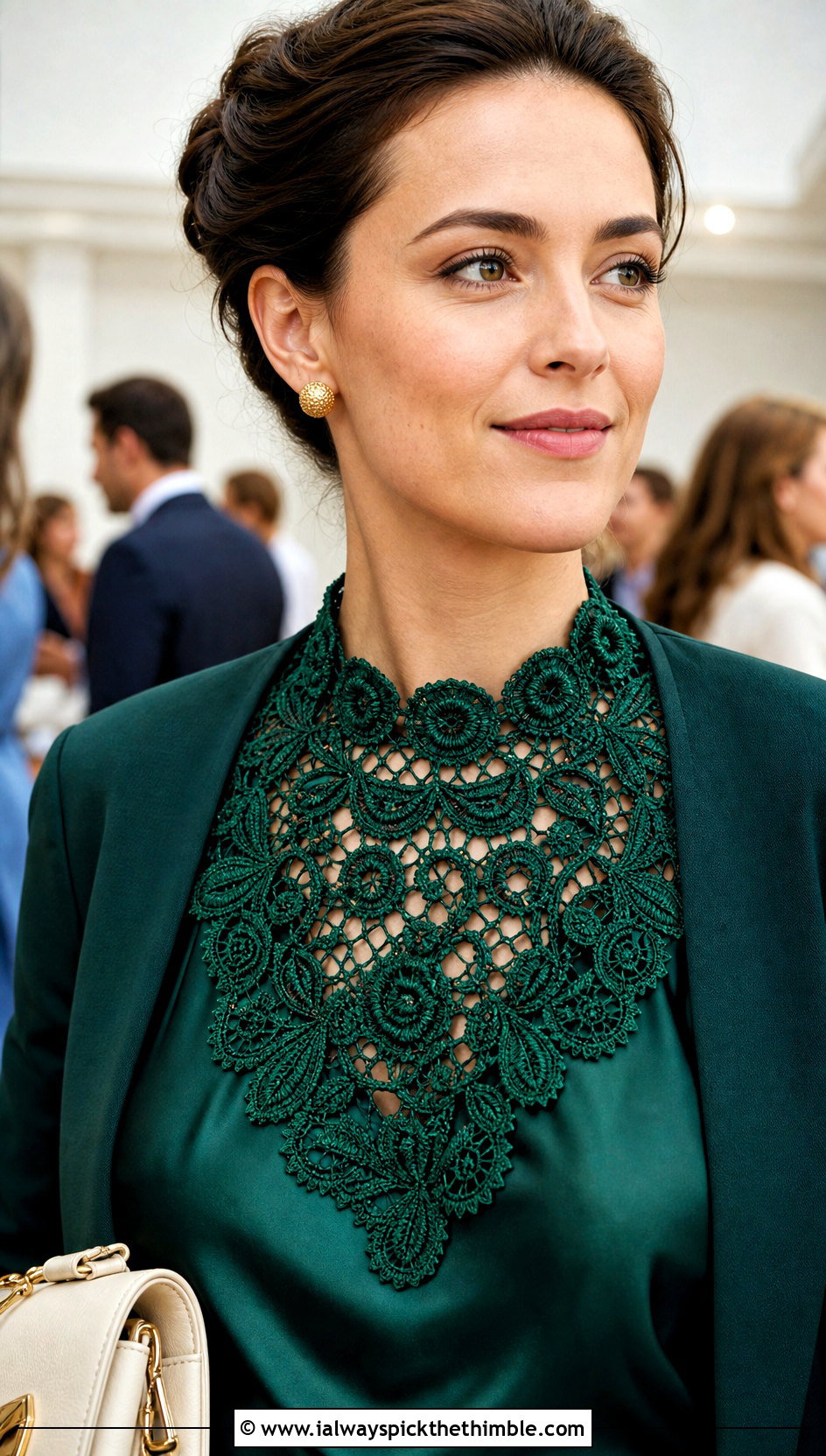 Green Irish Lace Crochet Collar With Satin Blouse And Suit - 15 Green Crochet Collar outfit ideas