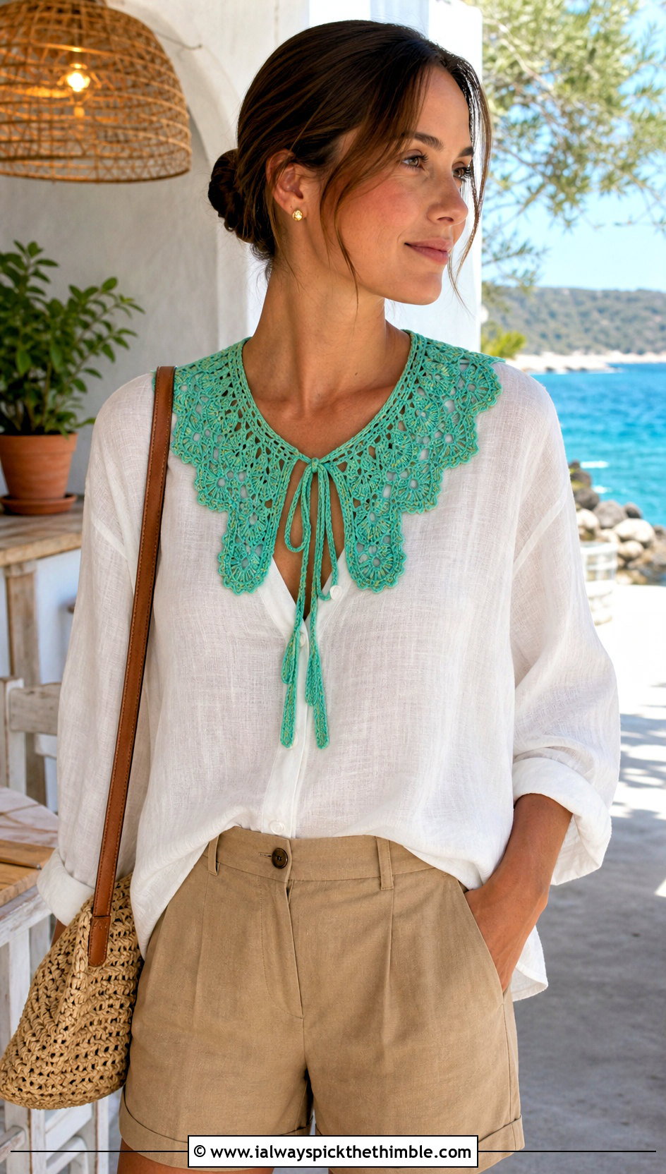 Green Lace Tie Crochet Collar With Linen Shirt And Shorts - 15 Green Crochet Collar outfit ideas