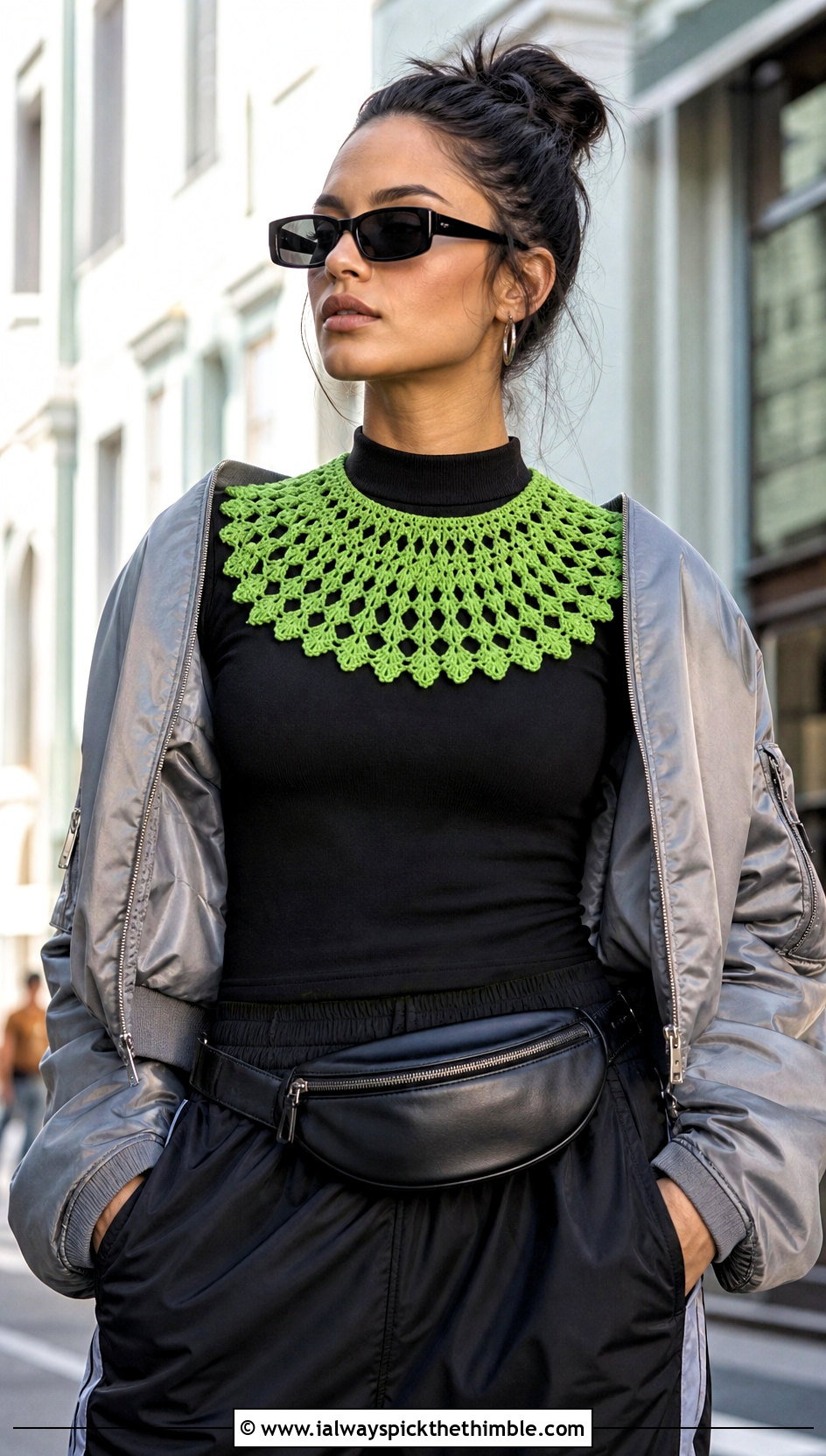 Green Mandala Crochet Collar With Bomber Jacket And Track Pants - 15 Green Crochet Collar outfit ideas