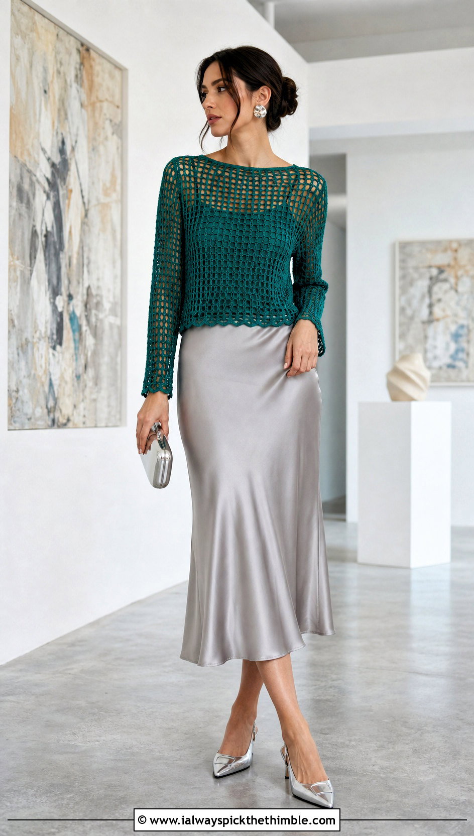 Green Mesh Crochet Top With Satin Midi Skirt - 15 green crochet top on hanger outfit ideas